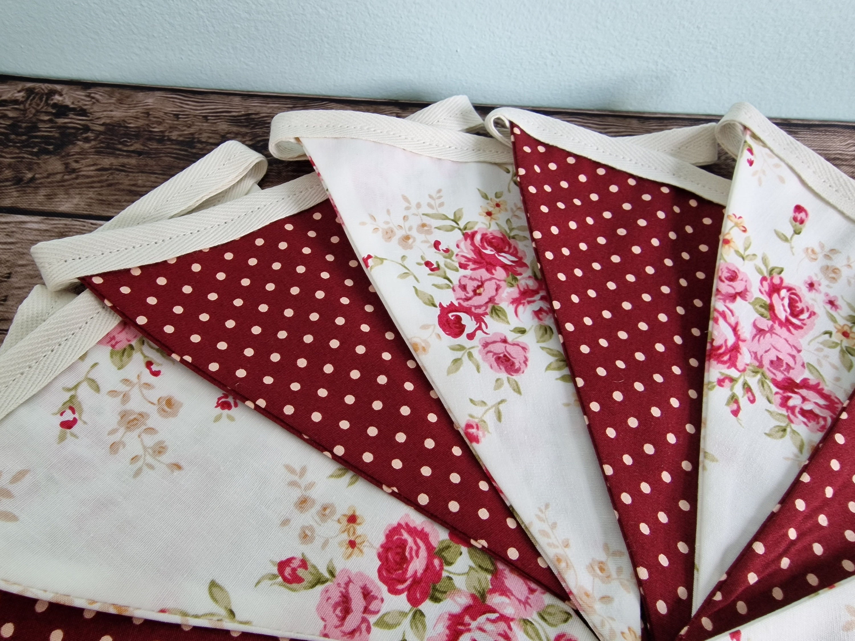 Vintage Style Roses & Burgundy Spotted Fabric Bunting 