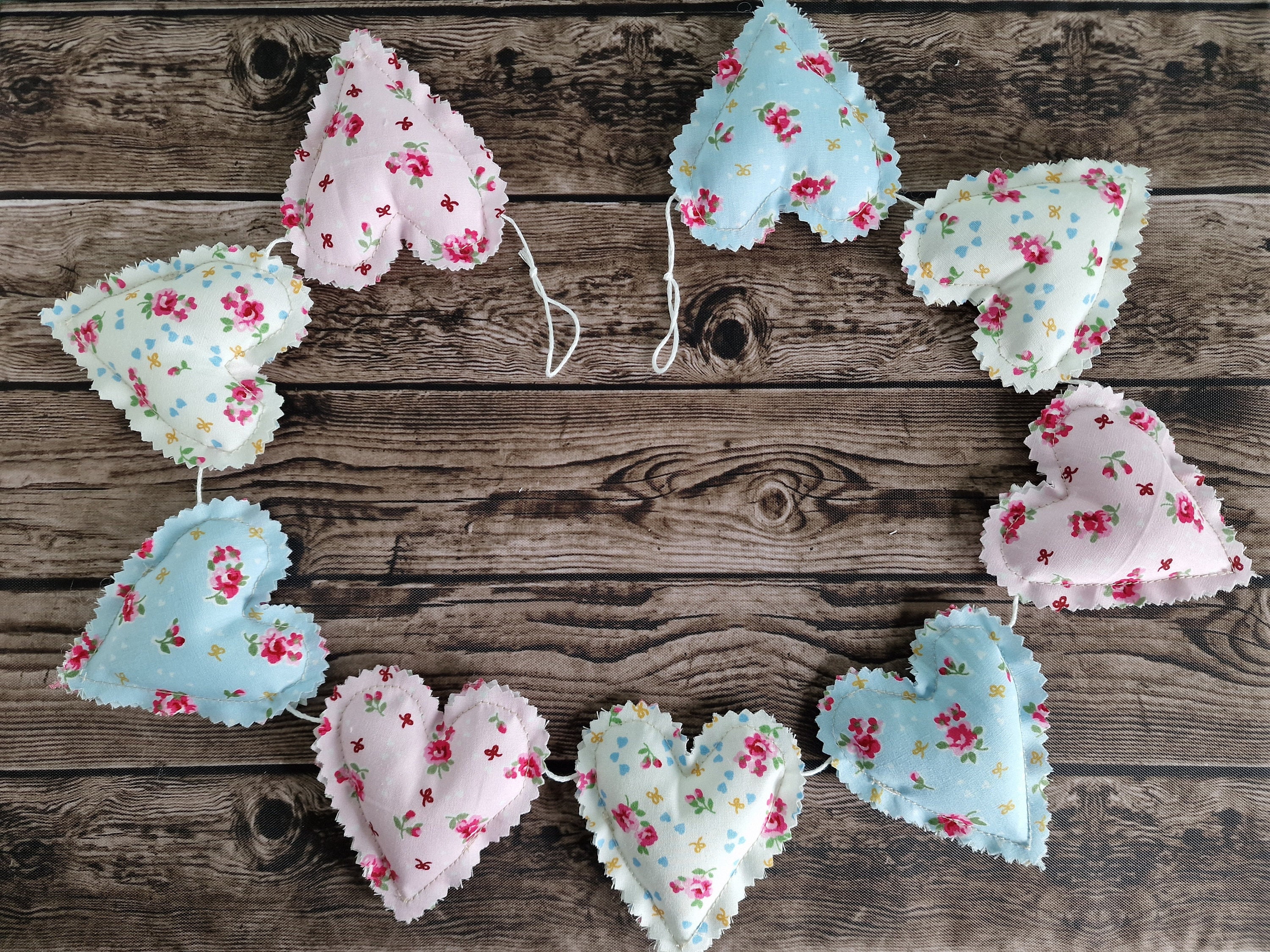 Ditsy rose floral padded hearts Garland | Blue Pink & White | shabby chic cottage décor 