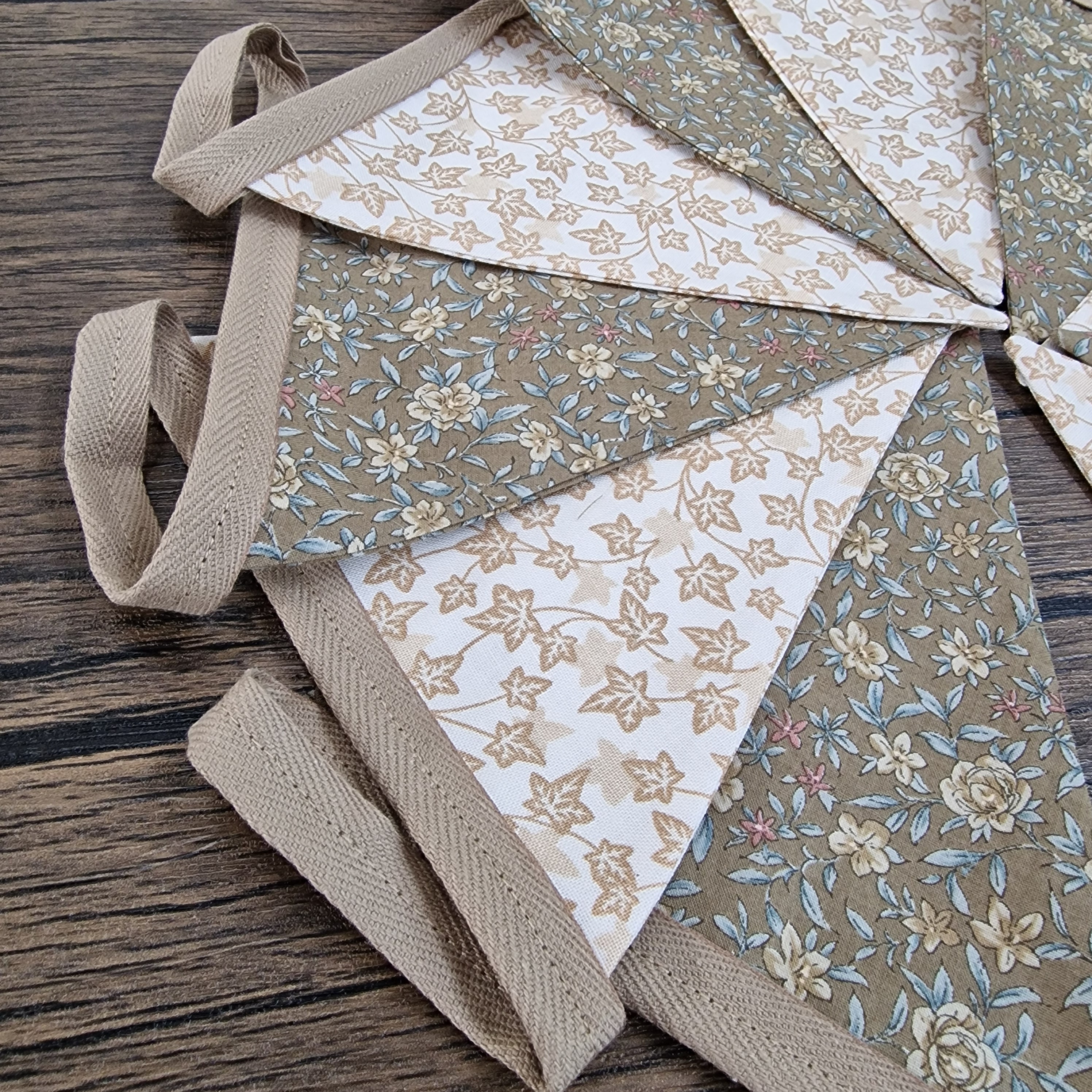 Vintage Style Olive Cream & Taupe floral Double Sided Fabric Bunting