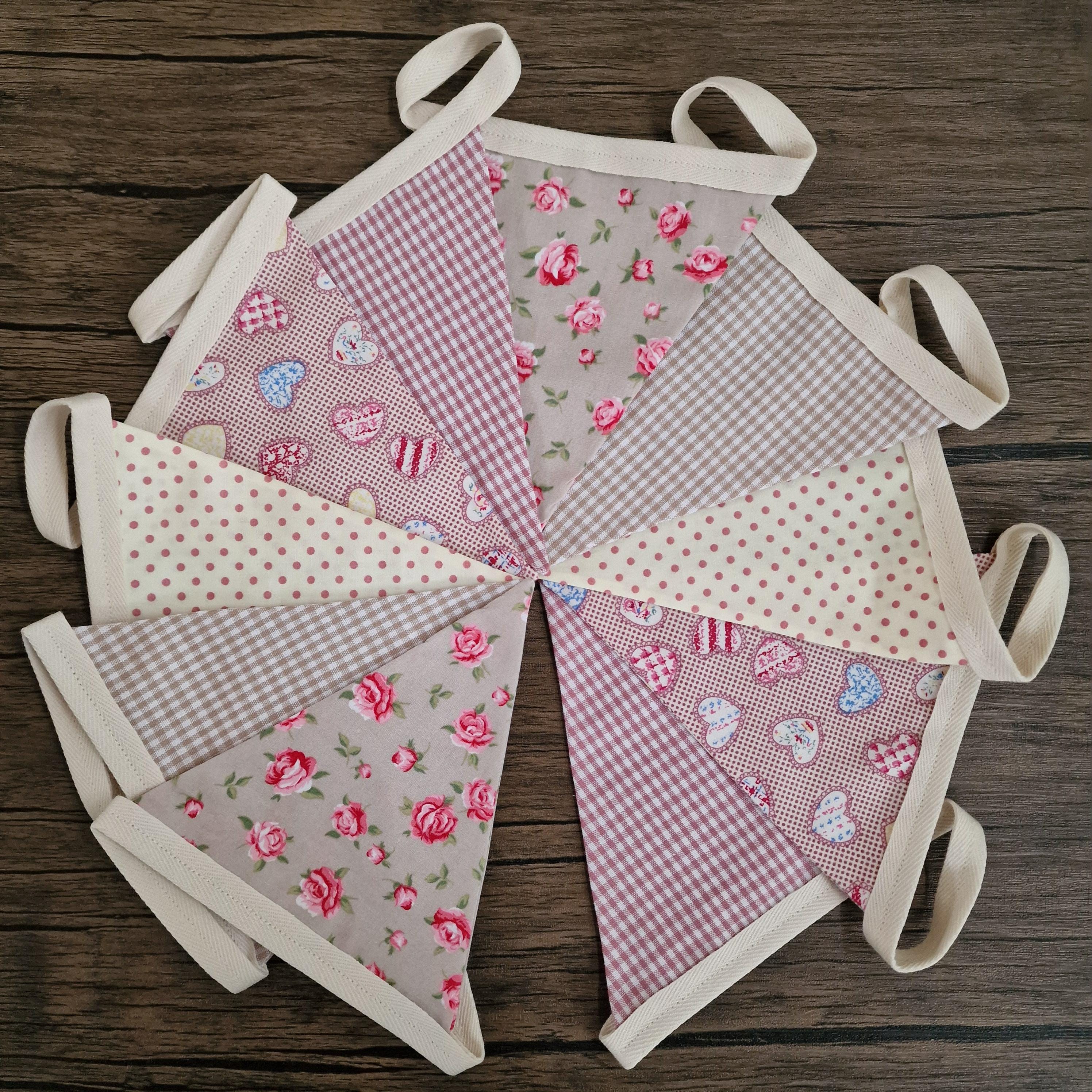 Beige & Pink Floral Gingham Hearts Shabby Chic Bunting 