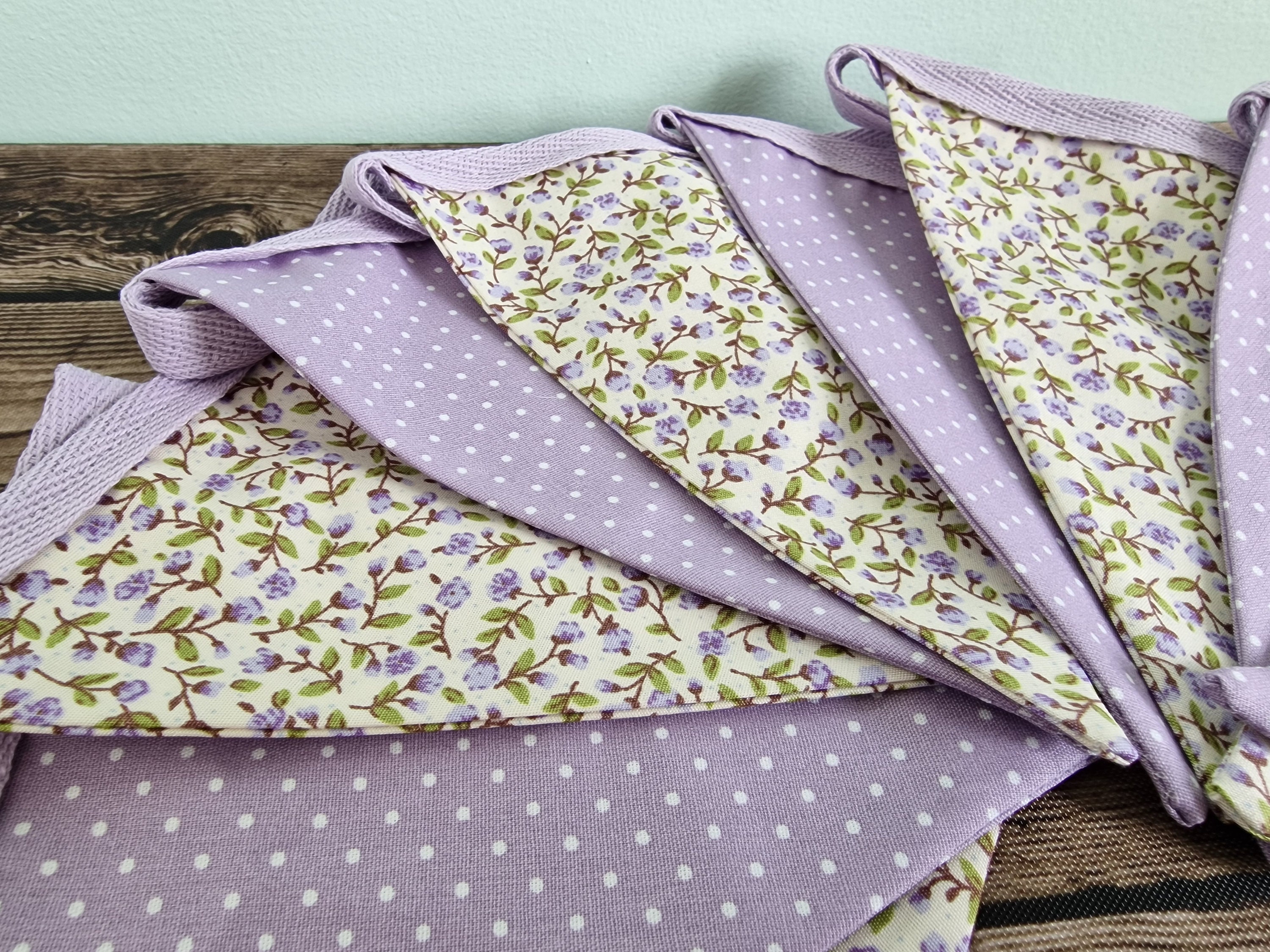 Vintage Style Lilac & Cream Floral Spotted Double Sided Handmade Fabric Bunting