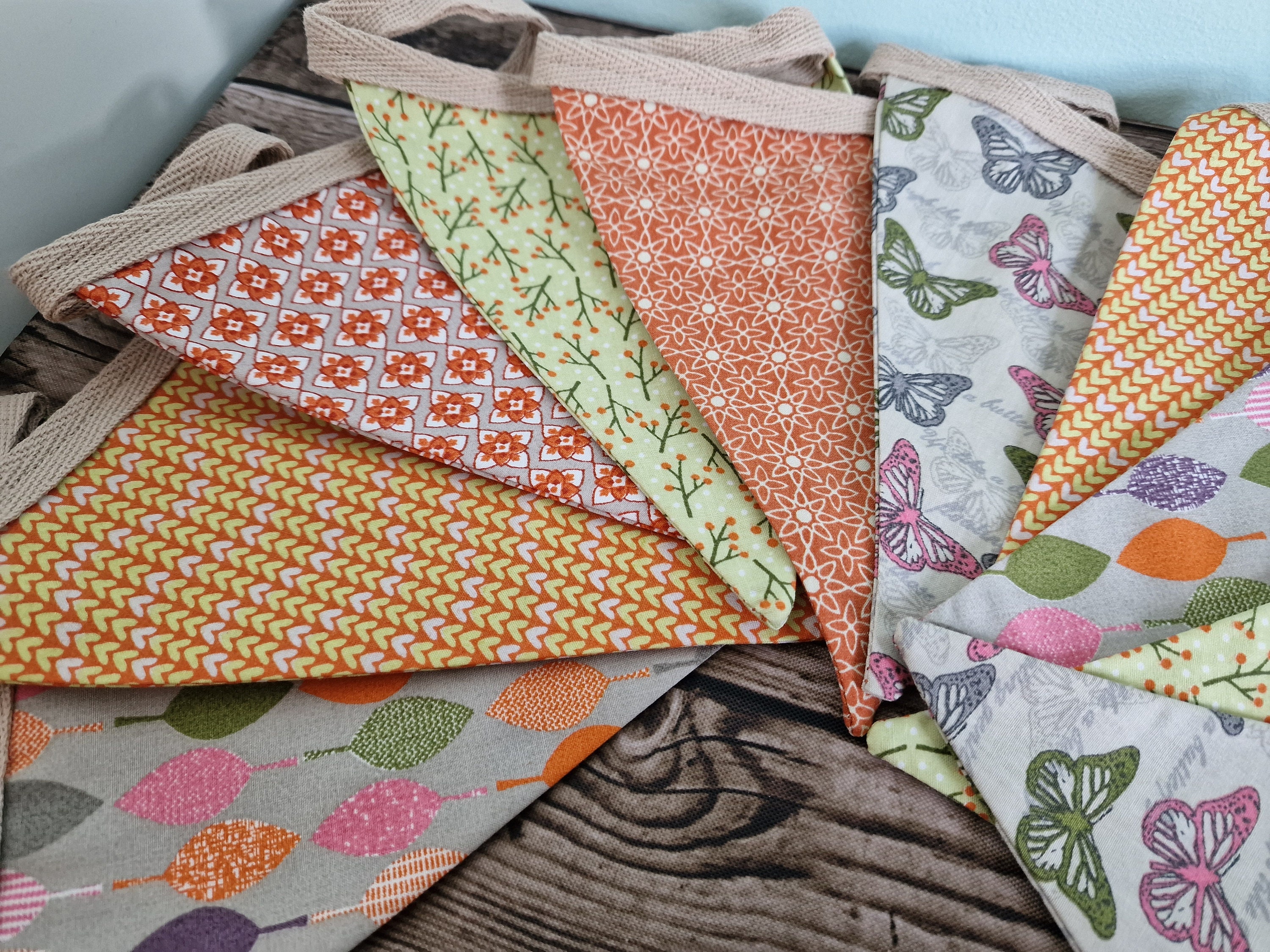 Leaves and Butterflies design Fabric Bunting | orange & grey 