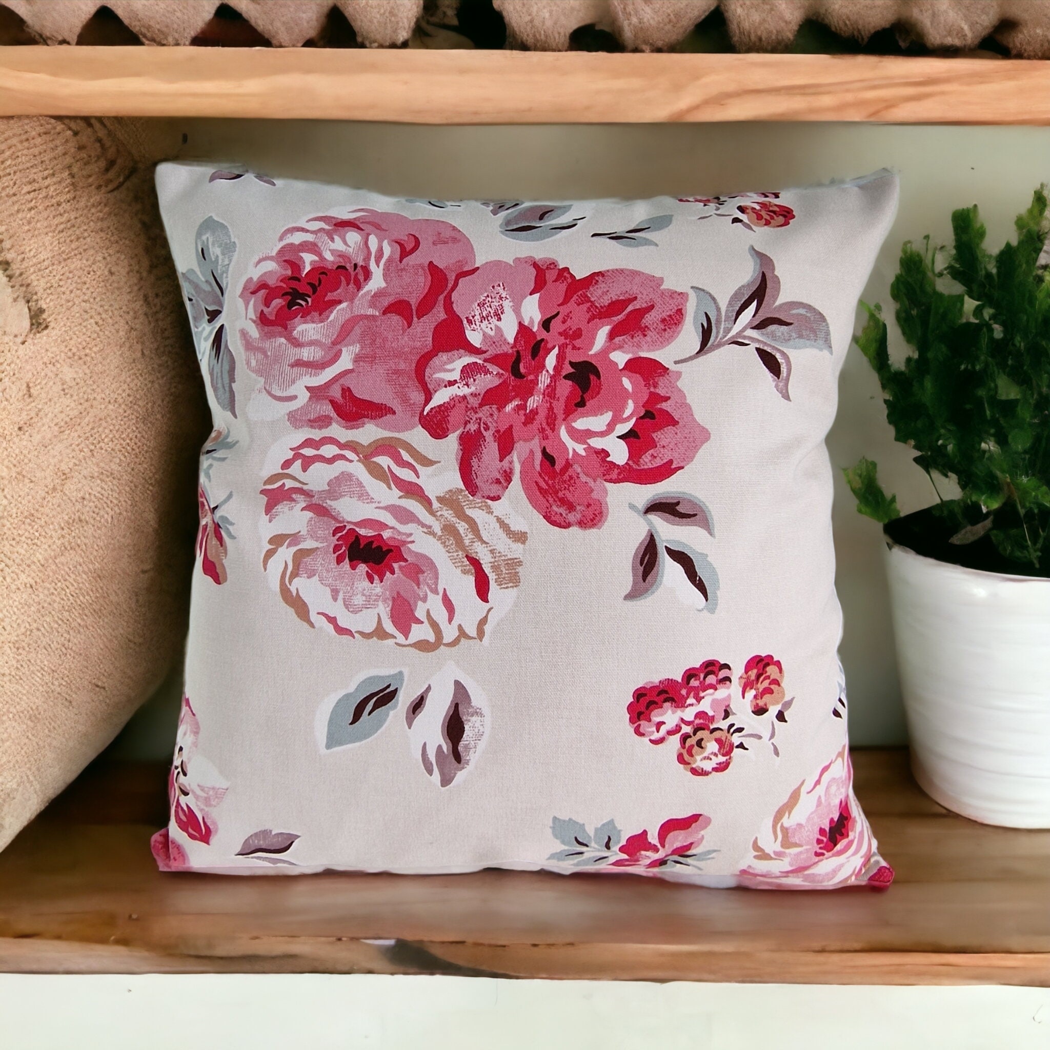Rose Print Raspberry Pink Floral Handmade Cushion Cover 40 x 40 cm 