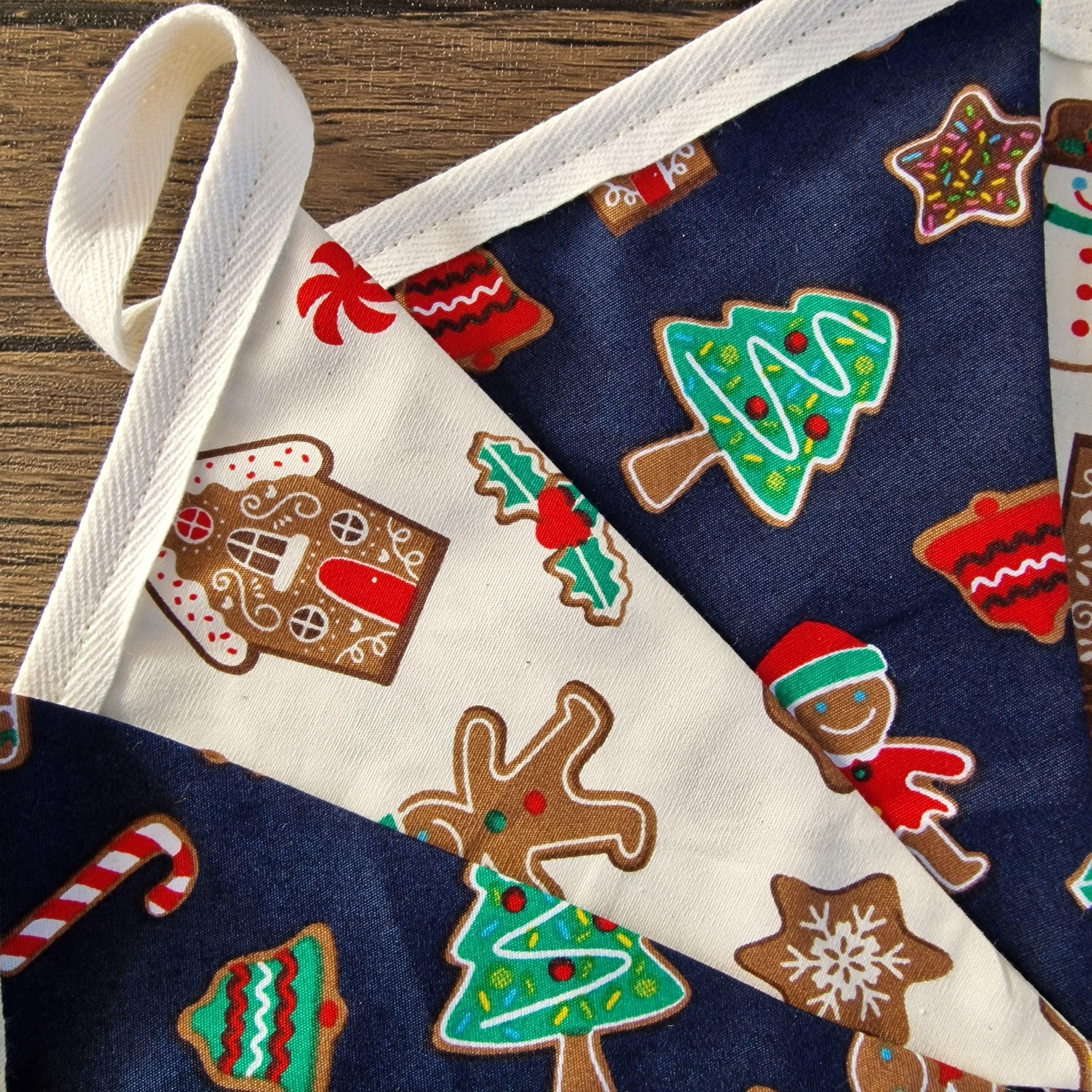 Blue & Ivory Christmas Bunting - Gingerbread Biscuits Design 