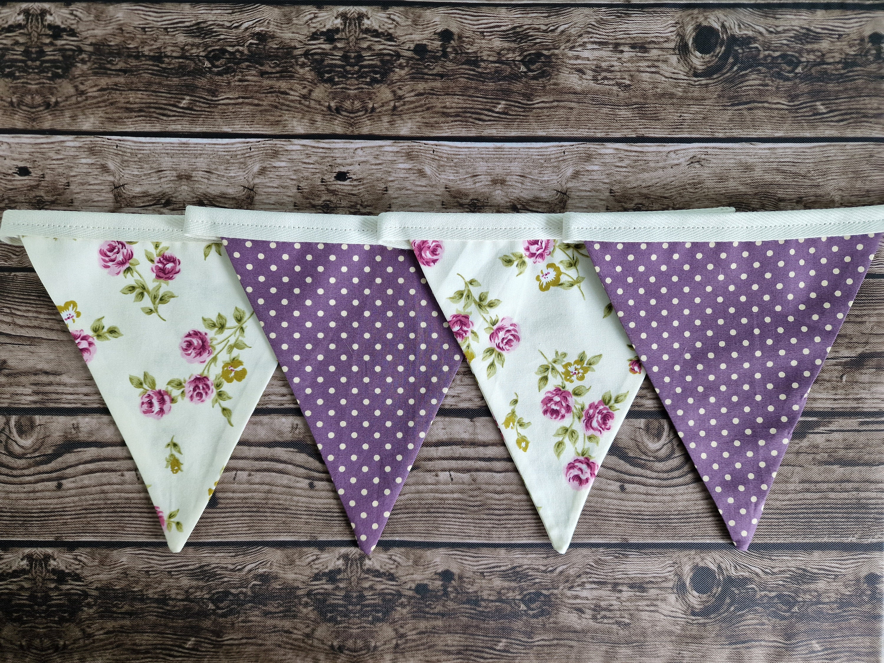 Vintage Style Purple Floral & Spotted Fabric Bunting 