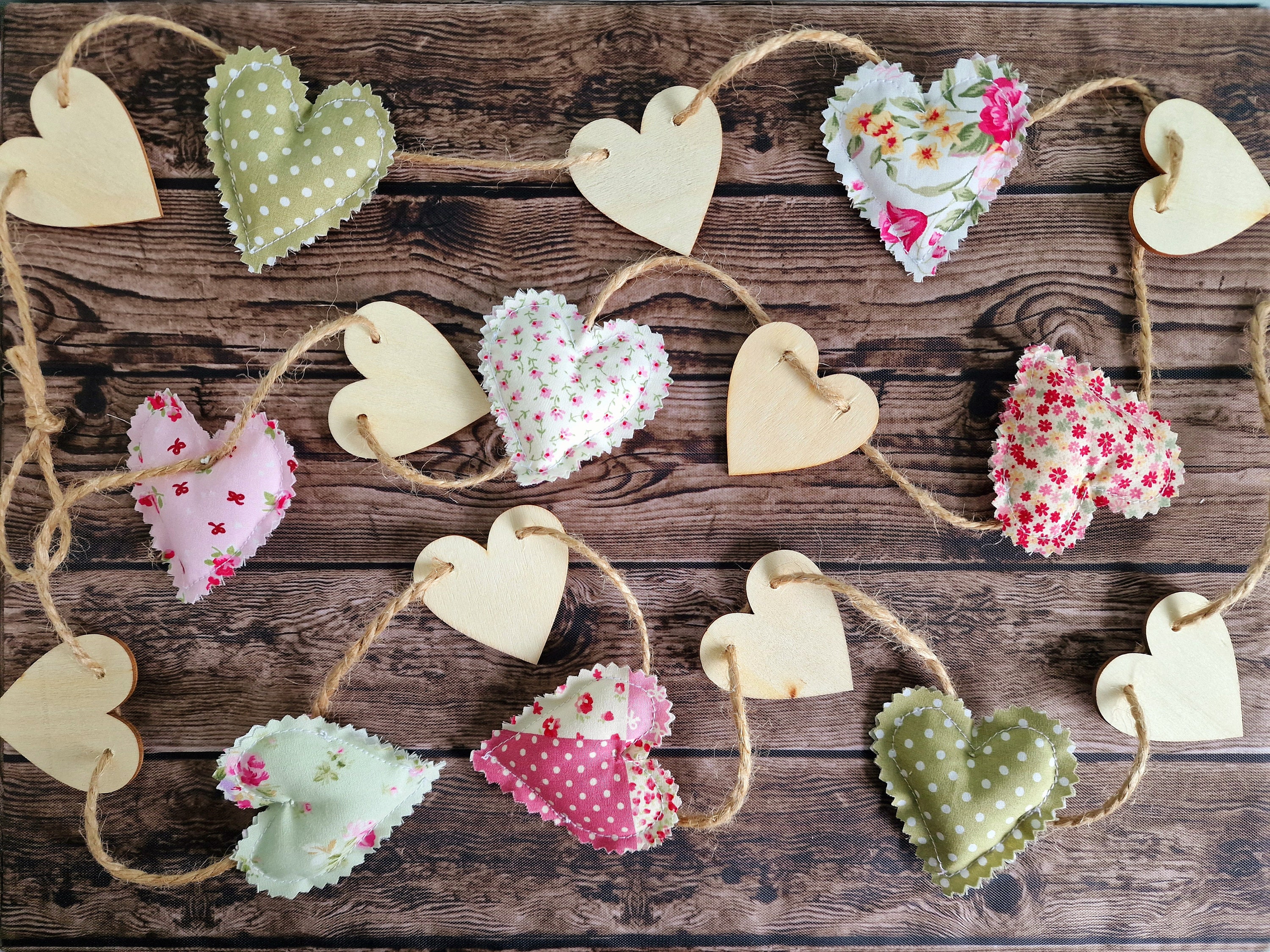 Ditsy Floral Padded fabric & Wooden Hearts Garland | shabby chic cottage décor