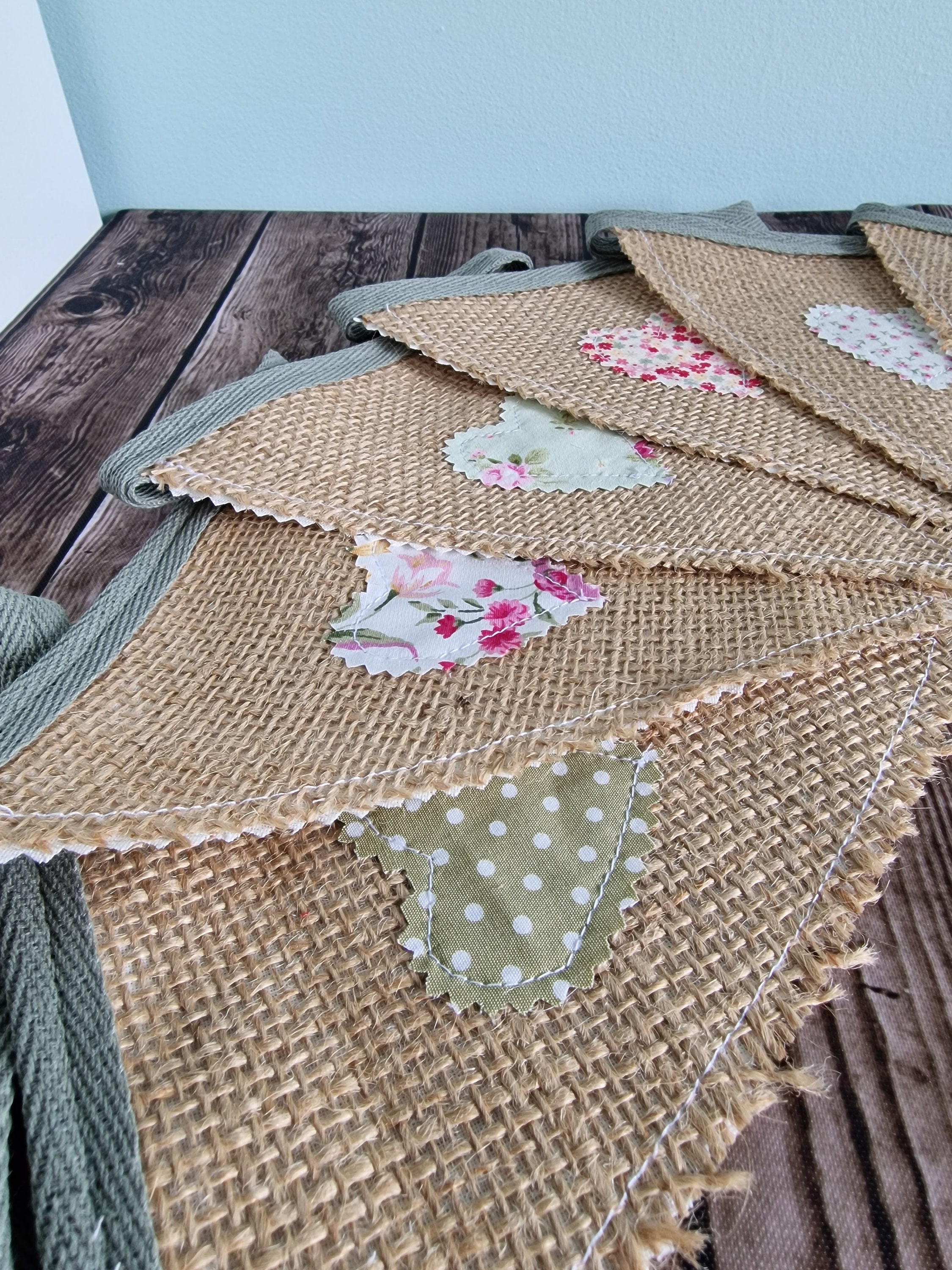 Hessian Hearts Handmade Fabric Bunting - Sage Ditsy Floral 