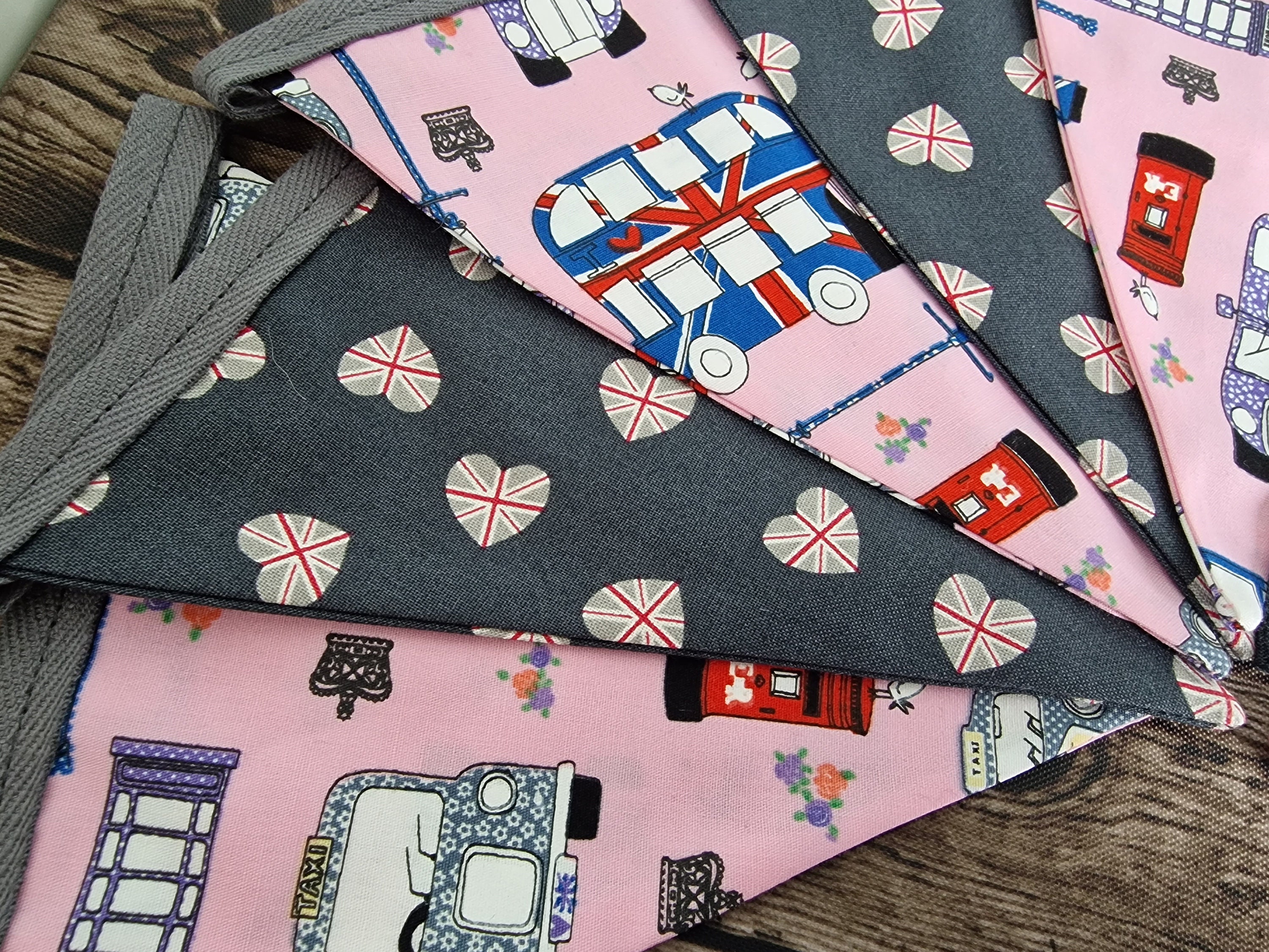 London Themed Print Fabric Bunting | pink & grey