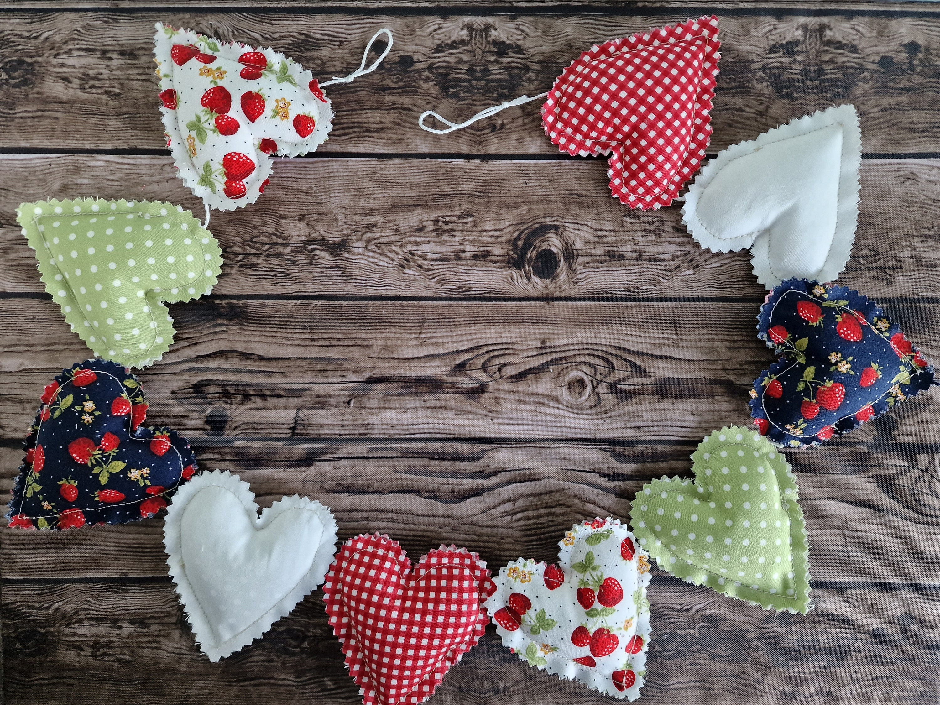 Strawberry themed Garland - Red Blue Green & White hearts 