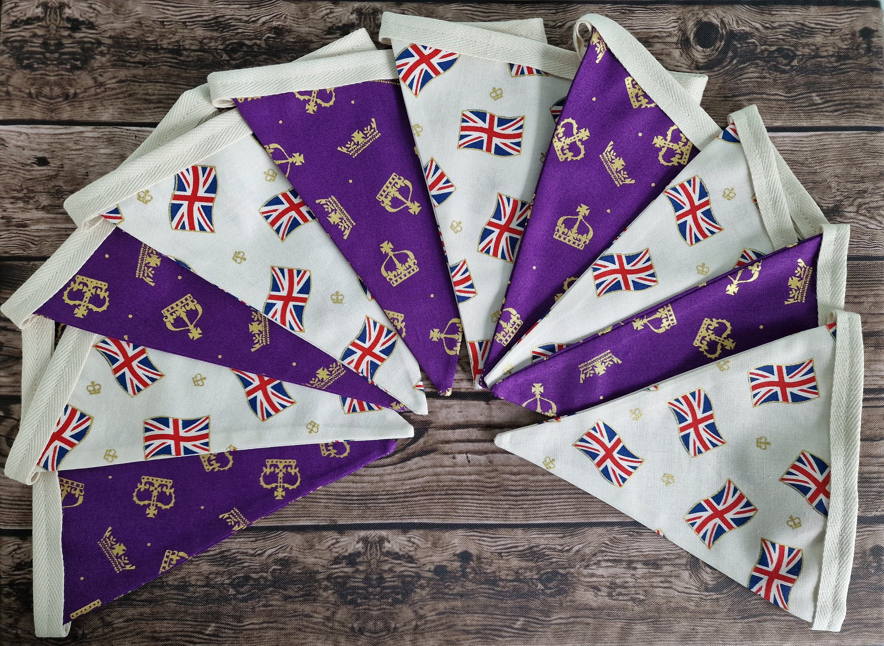 Union Jack Double Sided Handmade Bunting - Purple crowns/Cream Union Jacks 