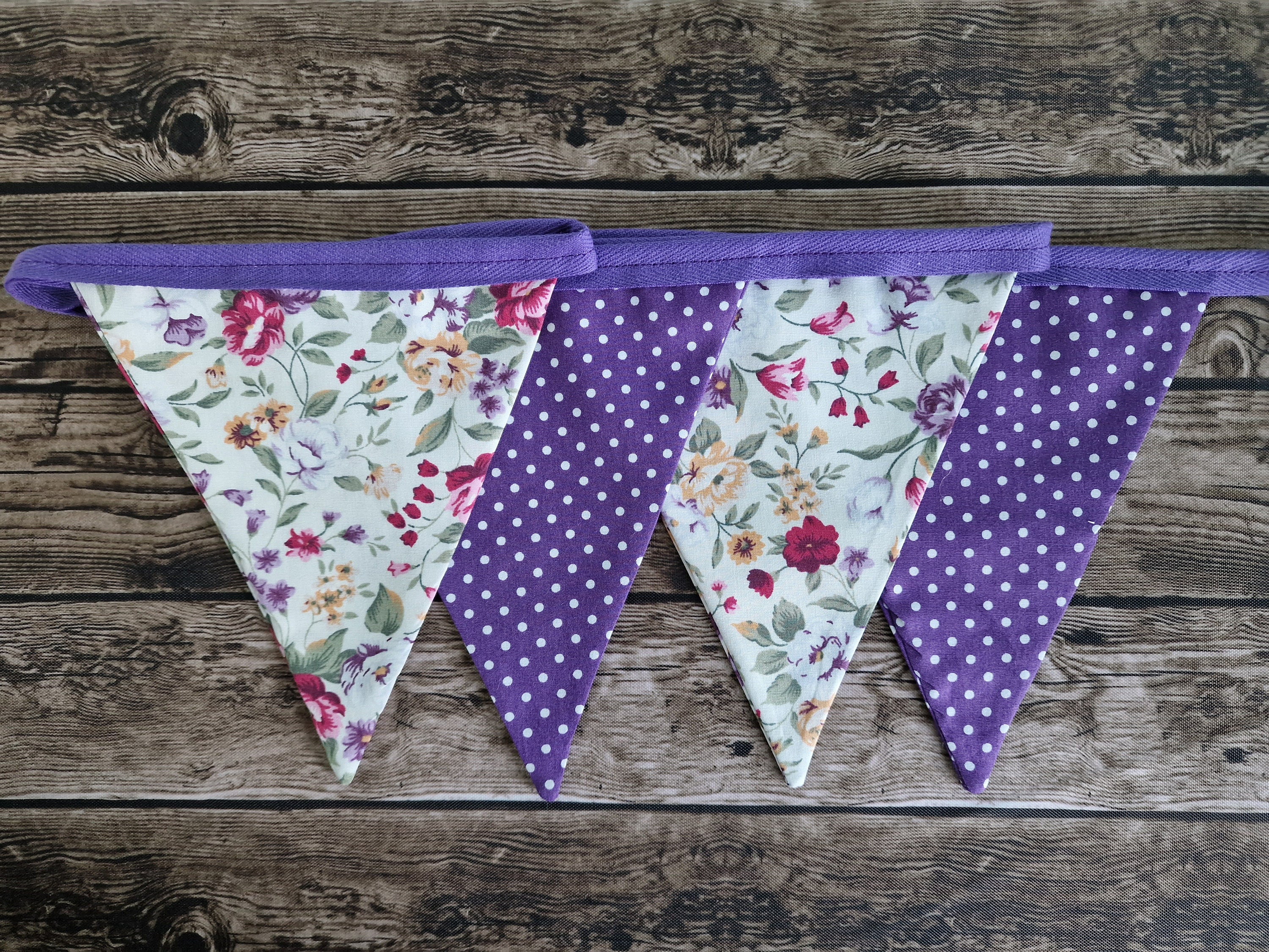 Vintage Style Wild Purple flowers & Purple Spotted Fabric Bunting 