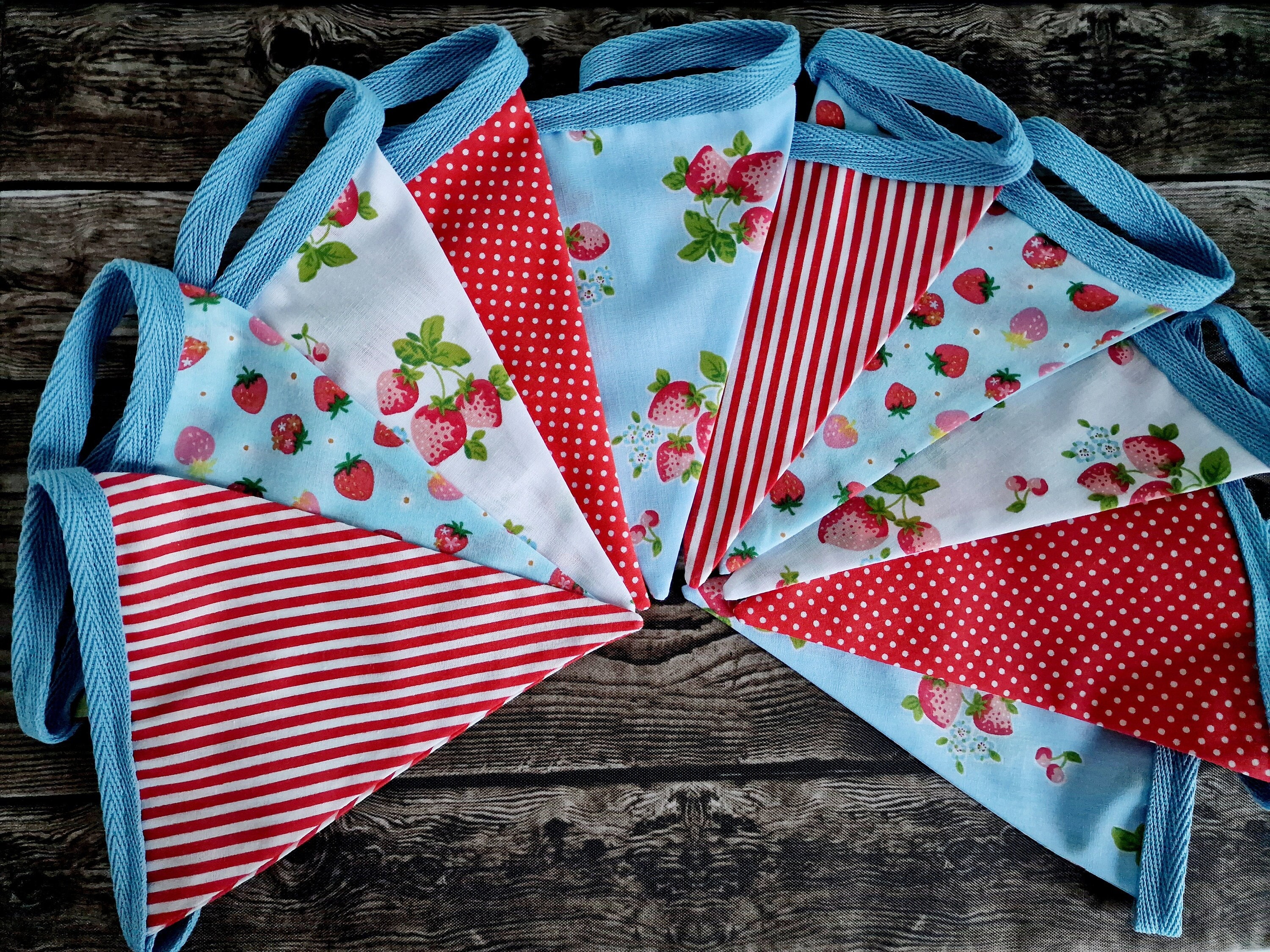 Strawberry Themed Fabric Bunting - Blue, Red & White 