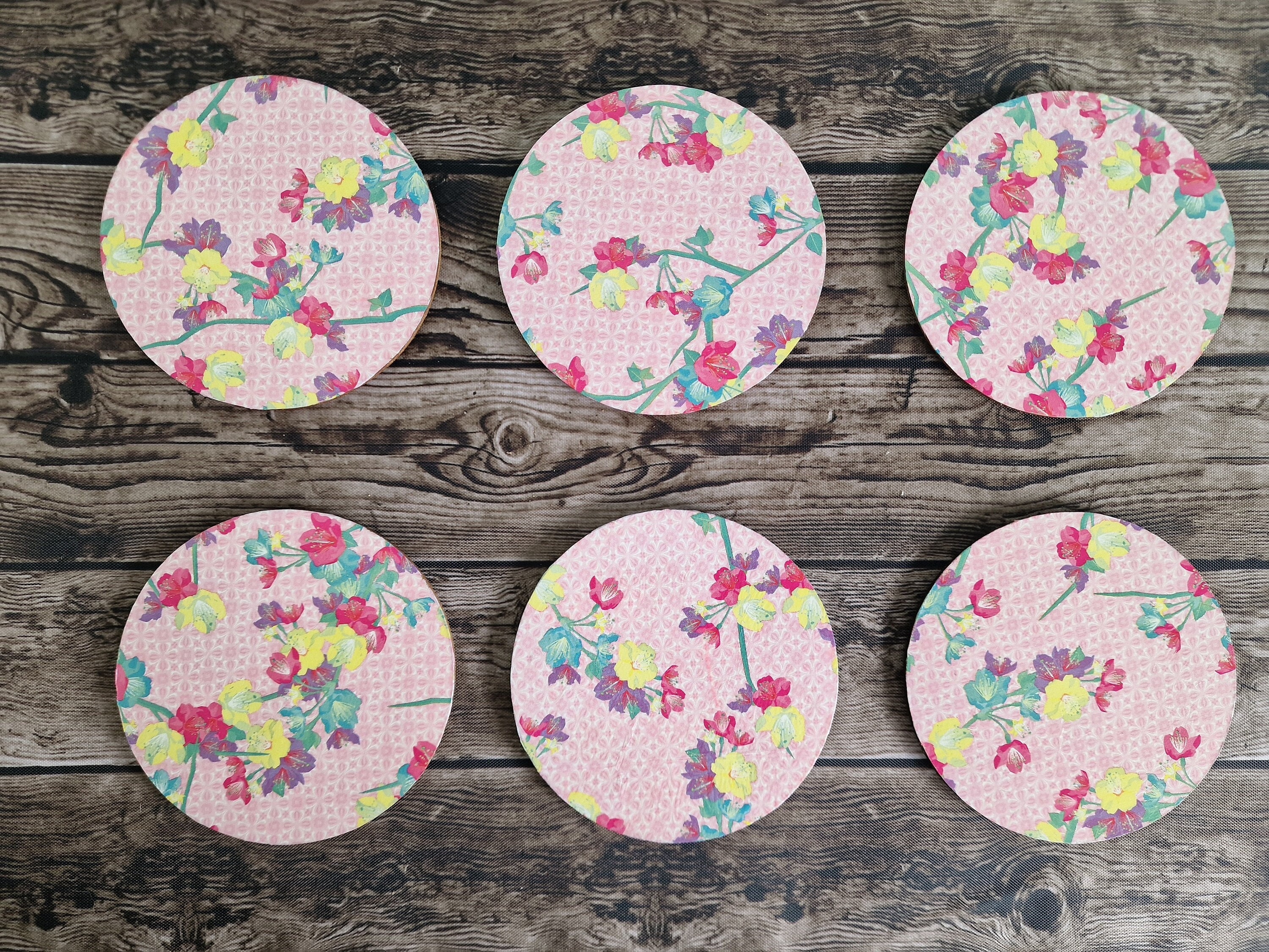Pink Floral Handmade Decoupage Coasters (Set of 6)