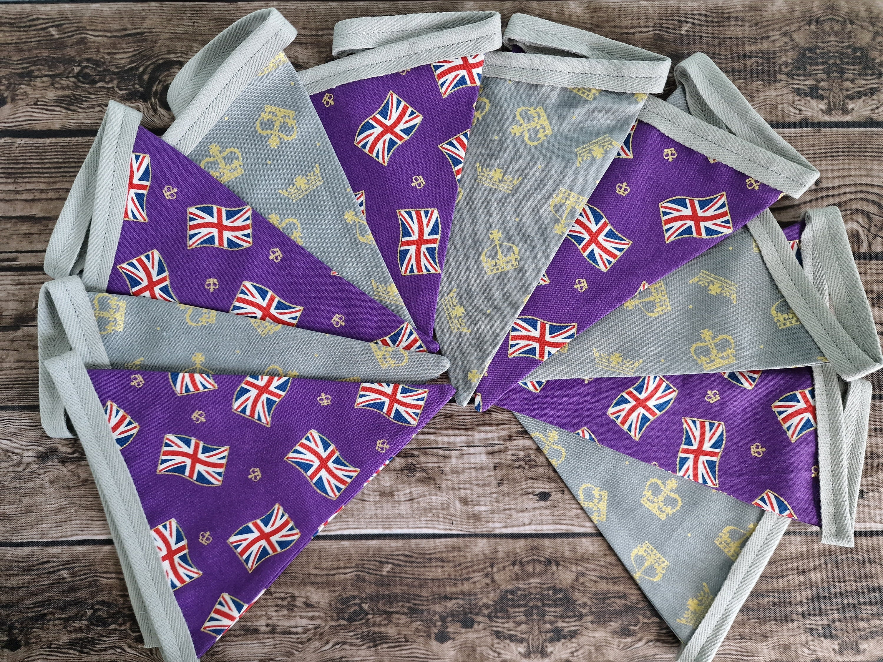 Union Jack Double Sided Handmade Fabric Bunting - silver grey crowns/purple Union Jacks