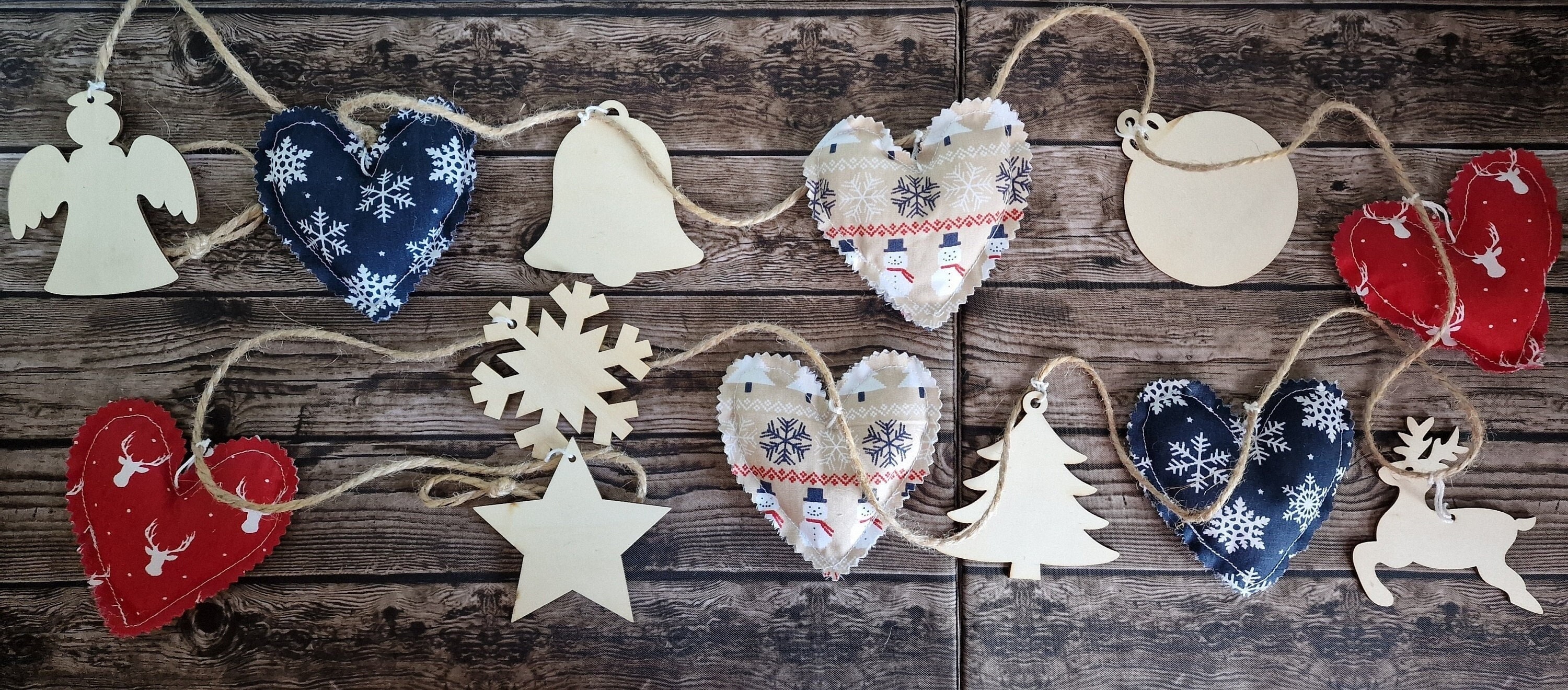 Scandi Padded fabric Hearts garland with wooden Christmas Ornaments