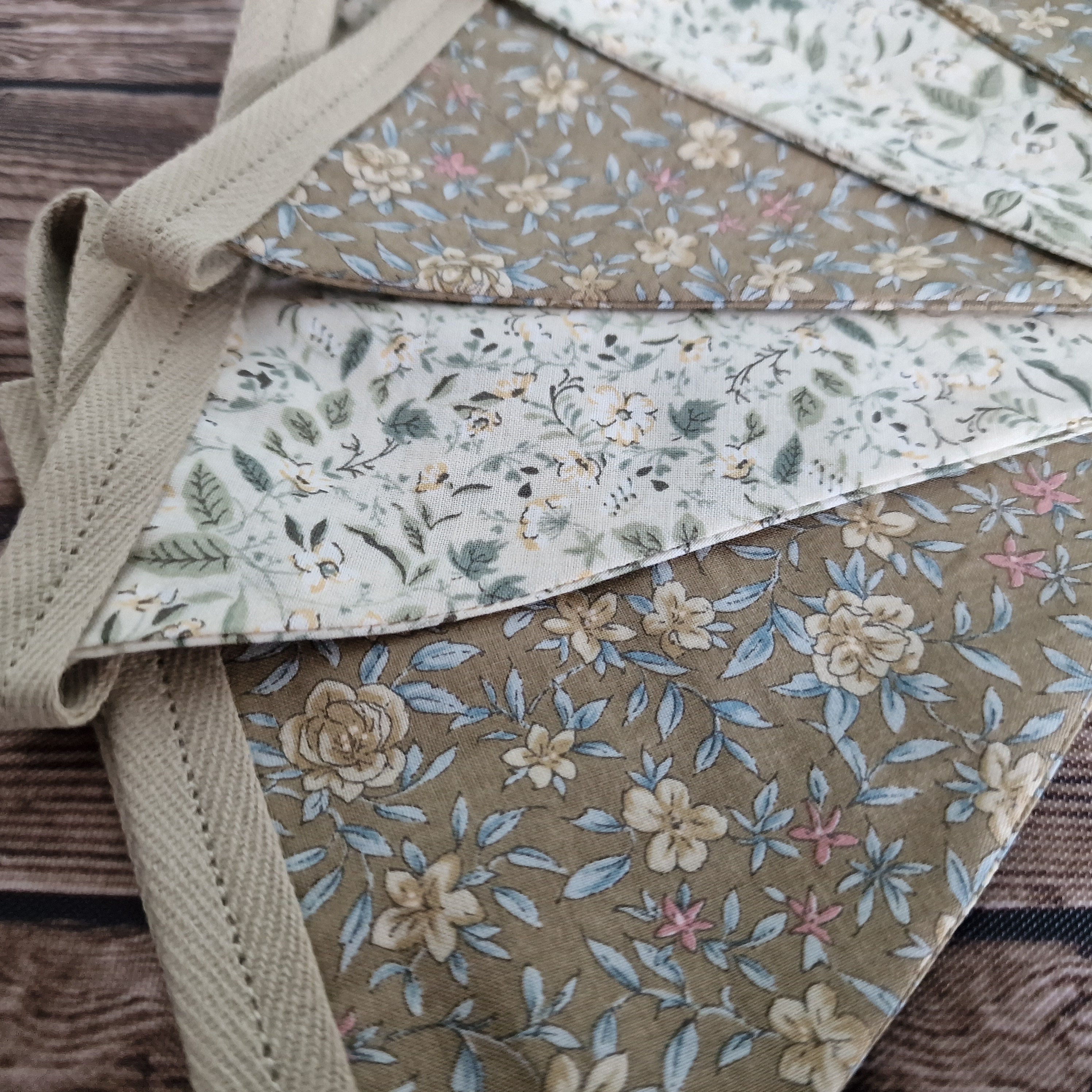 Vintage Style Olive & Cream floral Double Sided Fabric Bunting 
