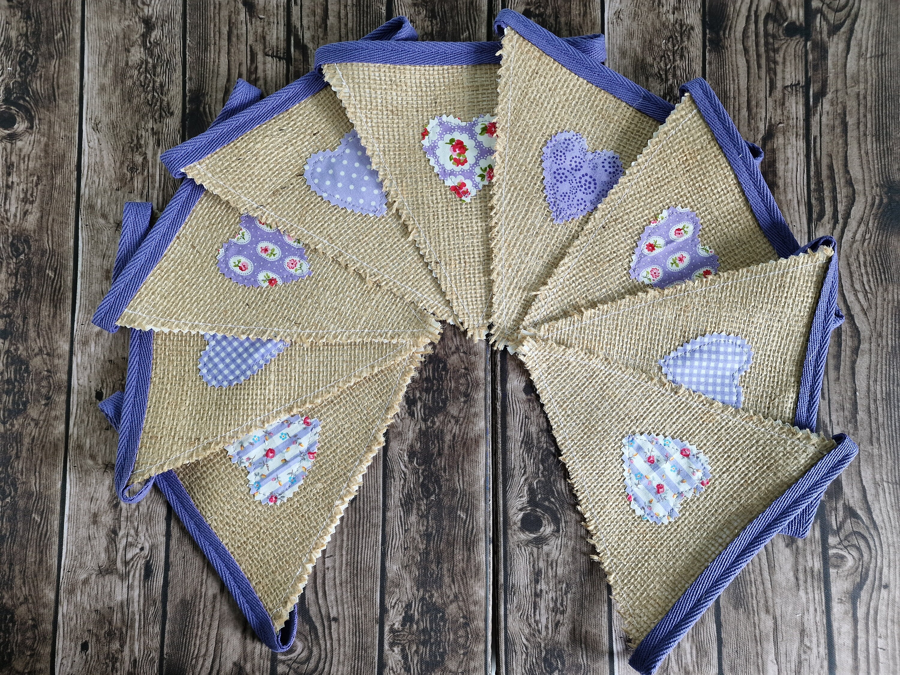 Hessian Hearts Fabric Bunting - Purple Floral rustic Bunting