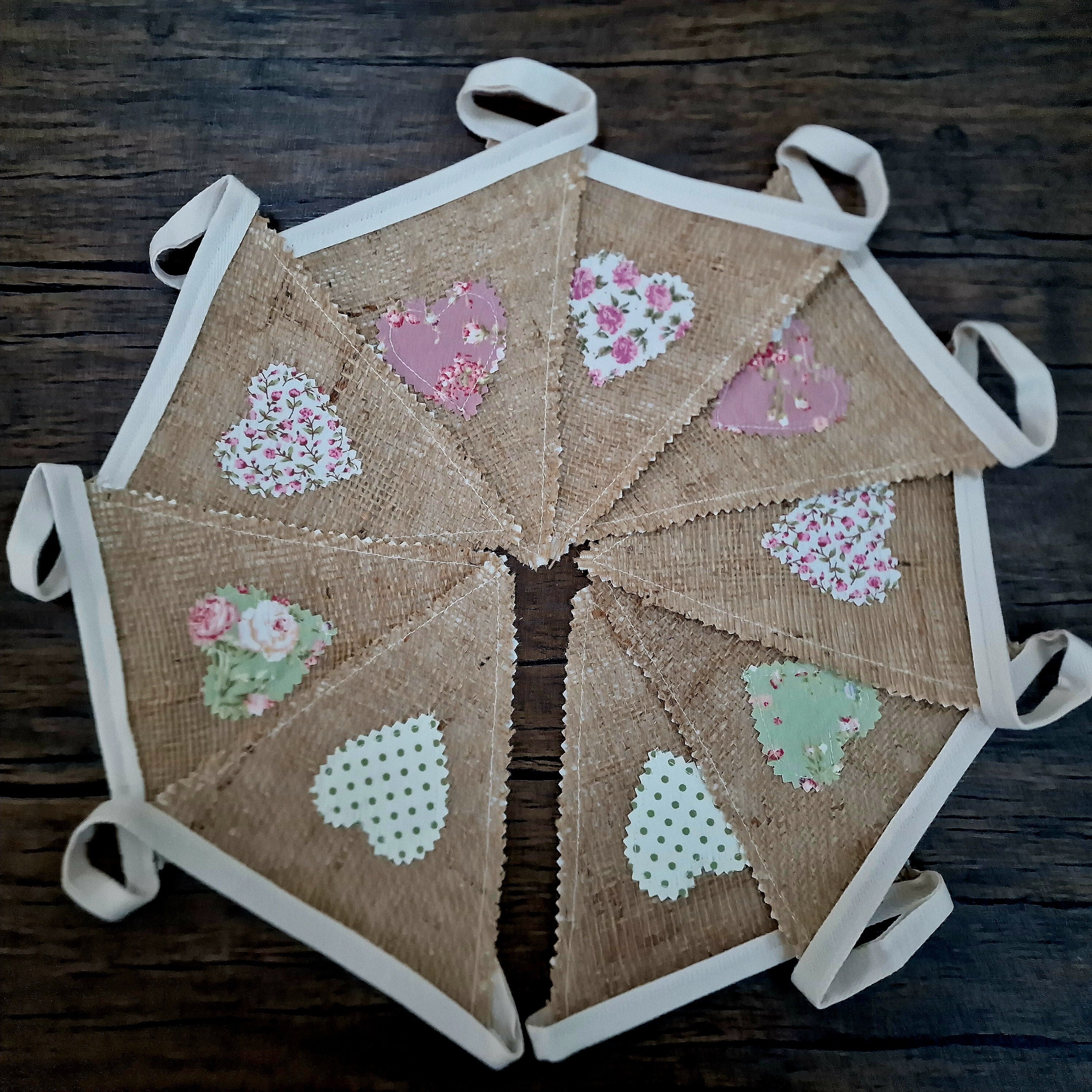 Hessian Hearts Shabby Chic Fabric Bunting - Pastel Pinks/Greens 