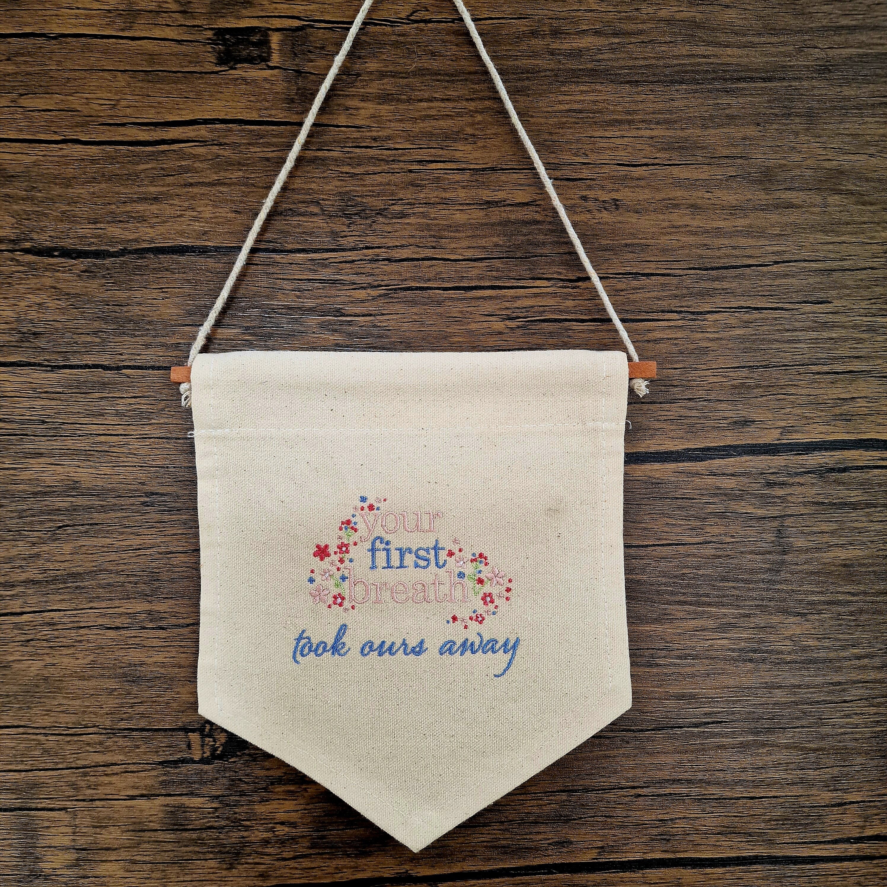 Embroidered Wall Hanging for Nursery - Your First Breath Design in Pink 