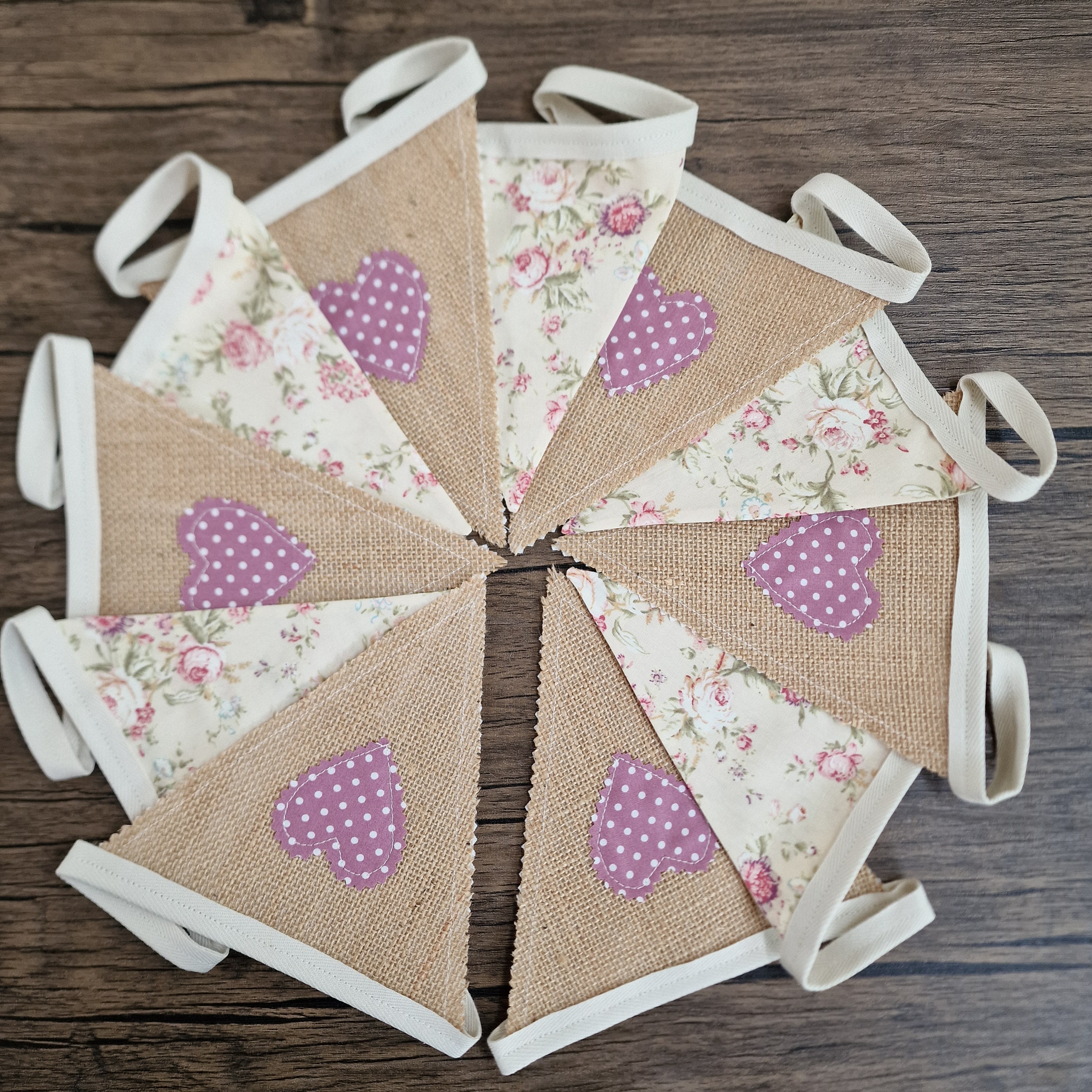 Hessian Applique Hearts & Dusky Pink Spot Fabric Bunting 