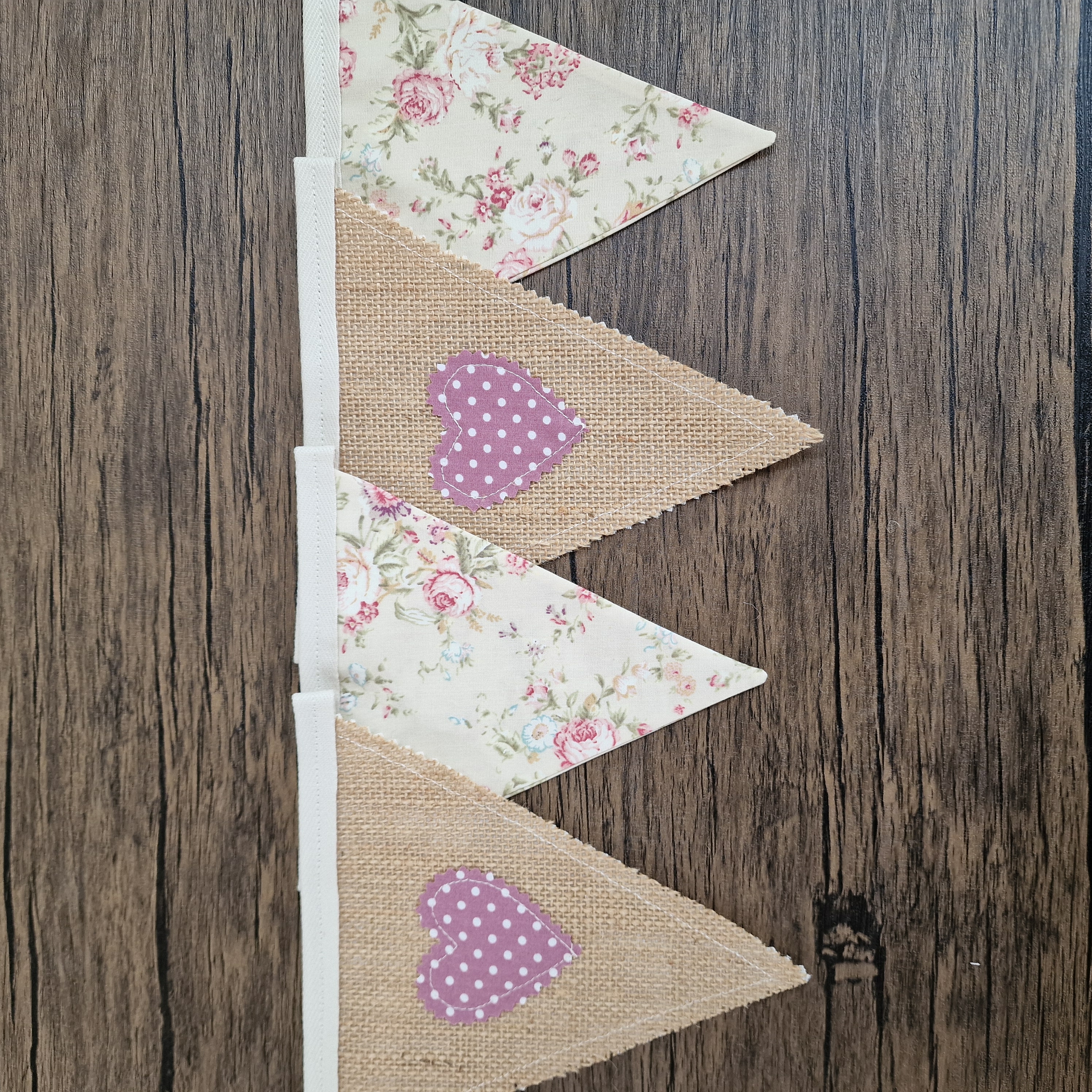 Hessian Applique Hearts & Dusky Pink Spot Fabric Bunting 