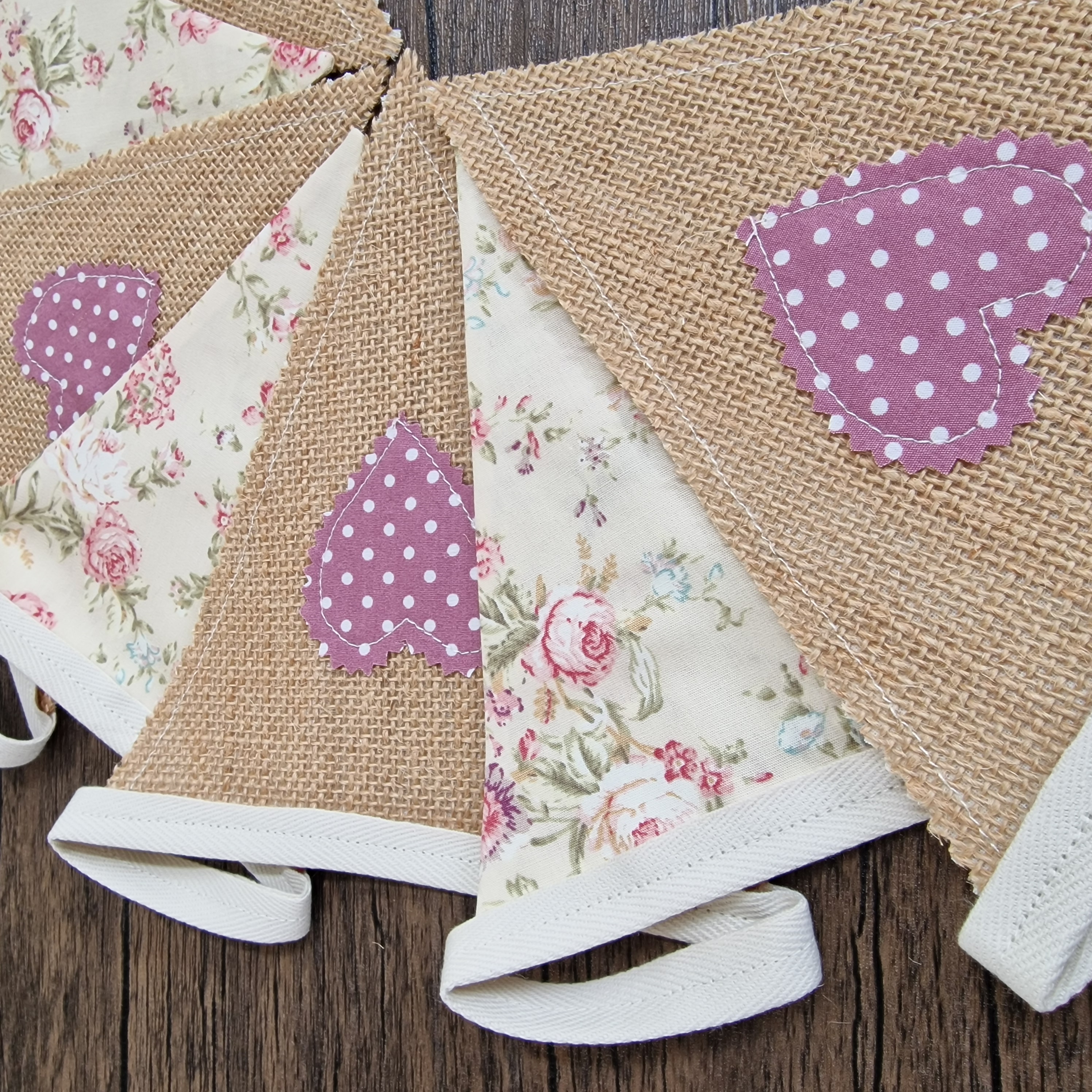 Hessian Applique Hearts & Dusky Pink Spot Fabric Bunting 
