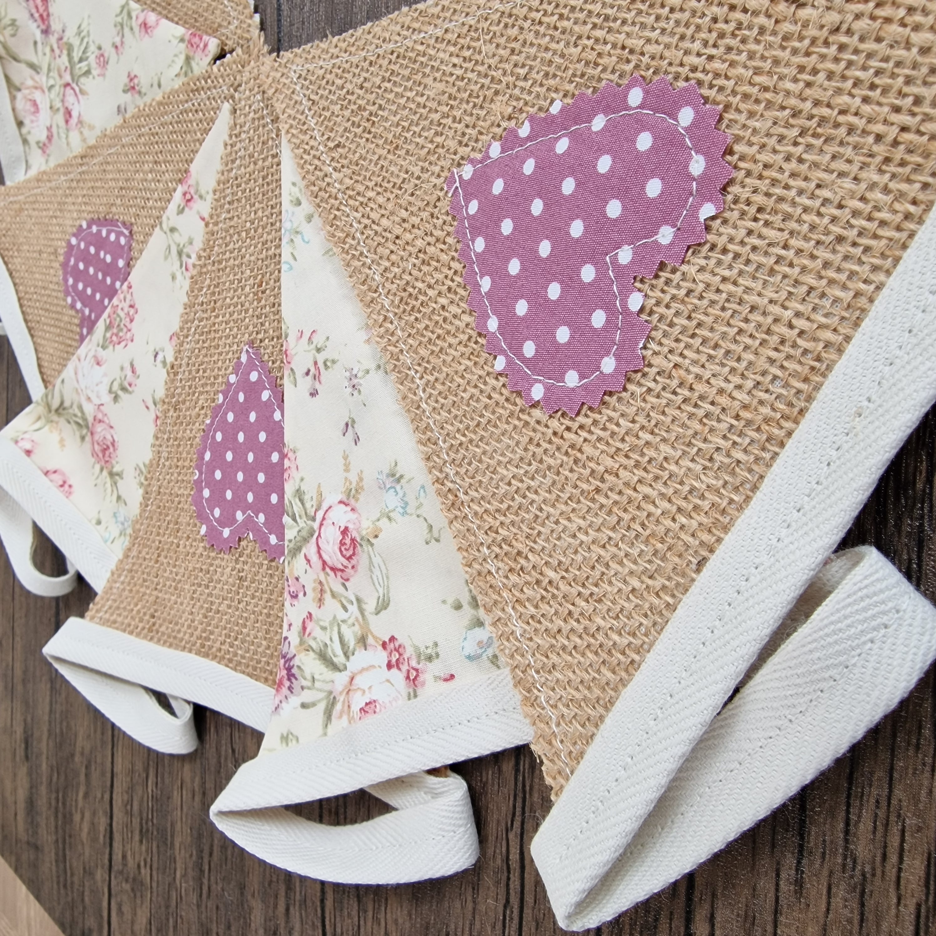 Hessian Applique Hearts & Dusky Pink Spot Fabric Bunting 