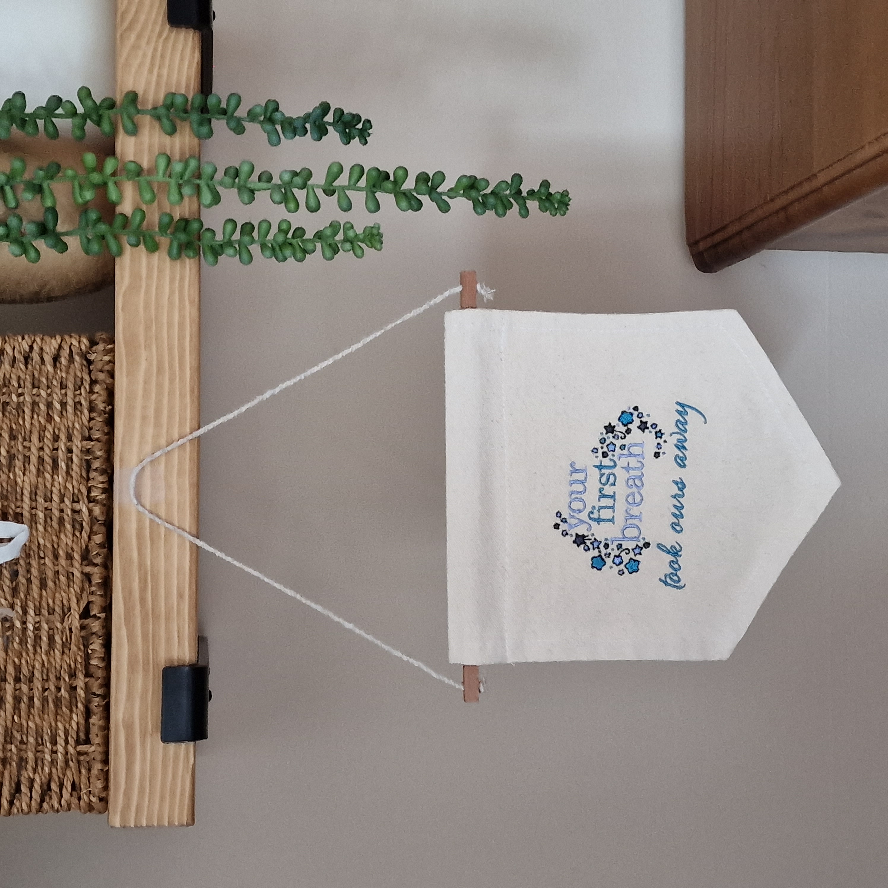 Embroidered Nursery Wall Hanging - Your First Breath Design Blue