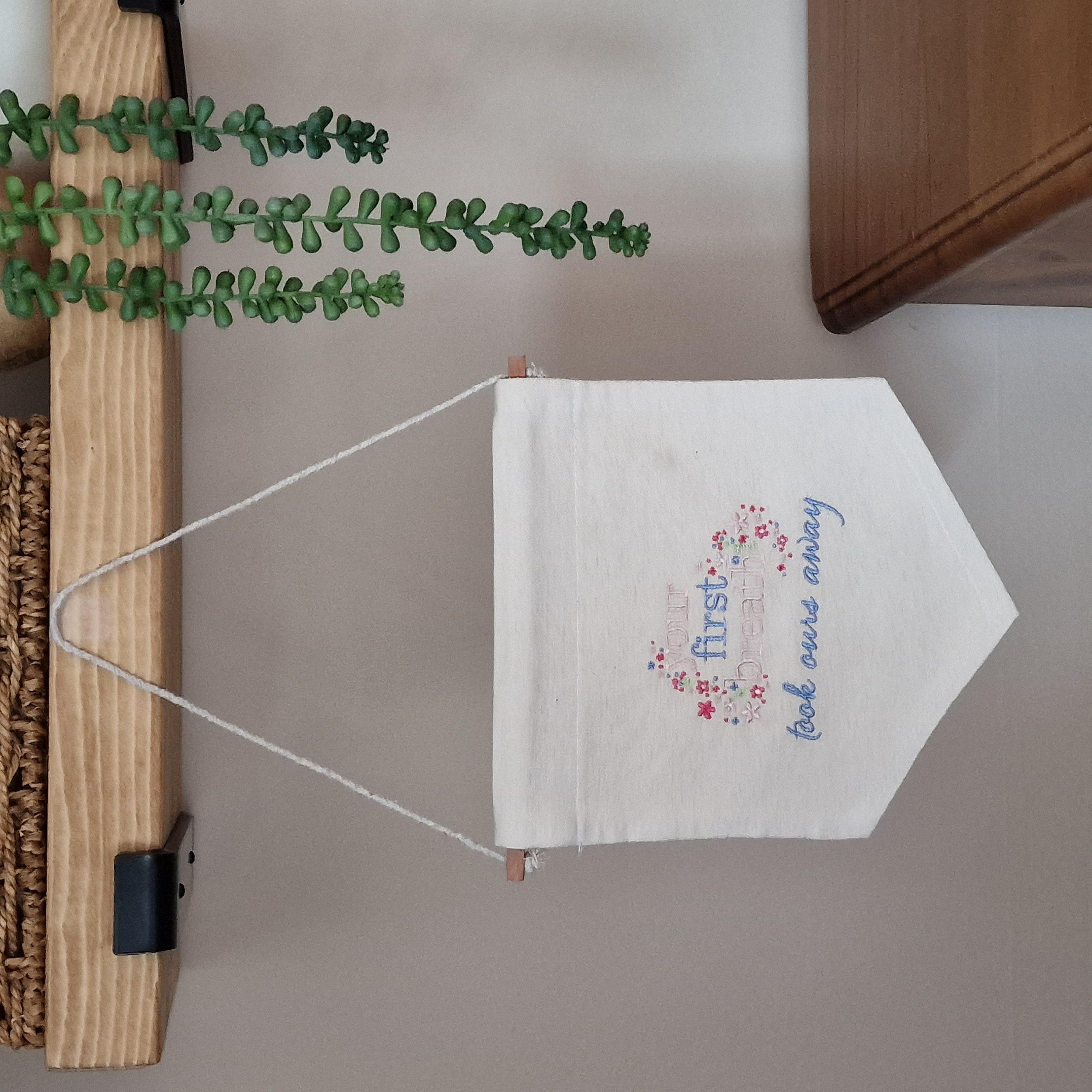 Embroidered Wall Hanging for Nursery - Your First Breath Design in Pink 