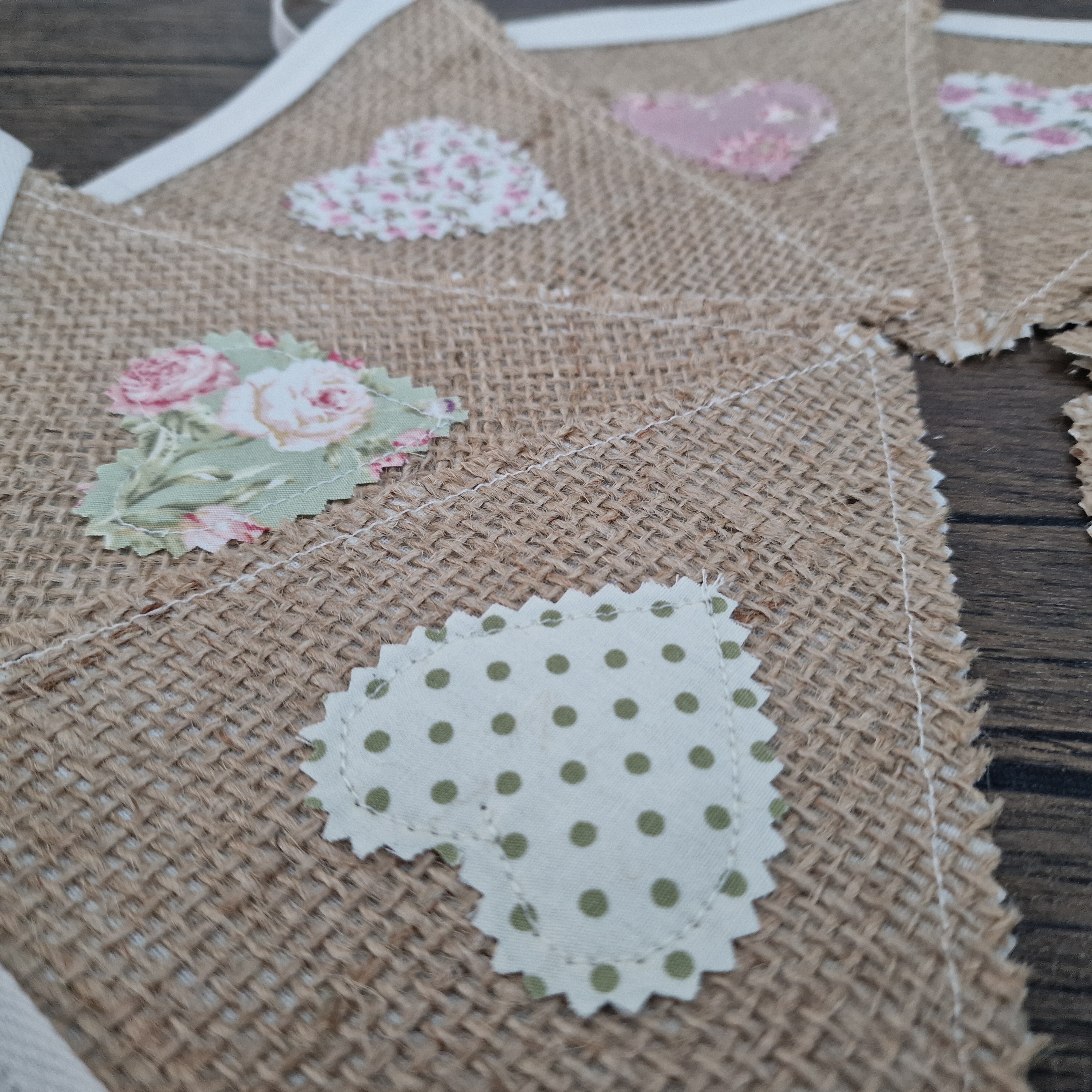 Hessian Hearts Shabby Chic Fabric Bunting - Pastel Pinks/Greens 