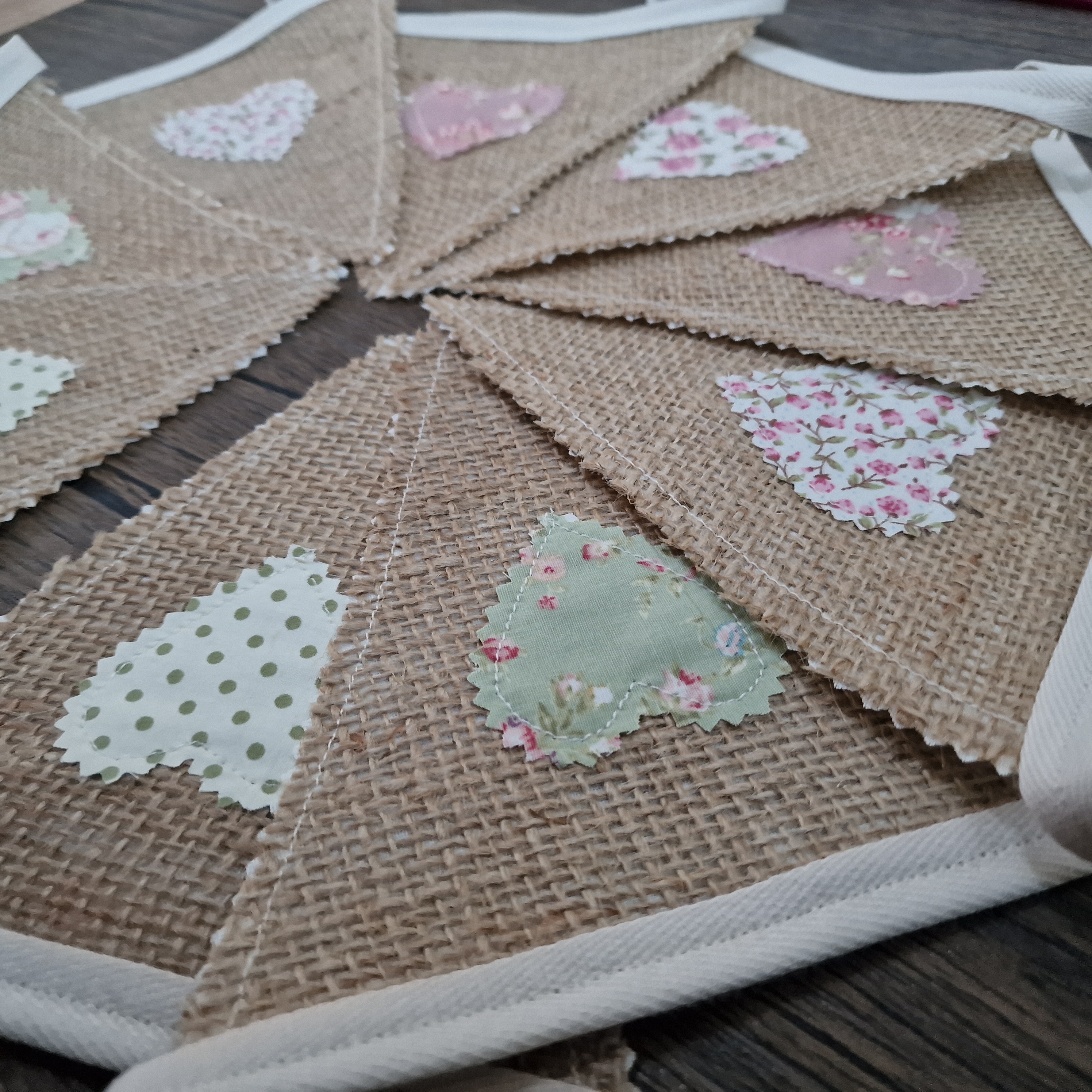 Hessian Hearts Shabby Chic Fabric Bunting - Pastel Pinks/Greens 