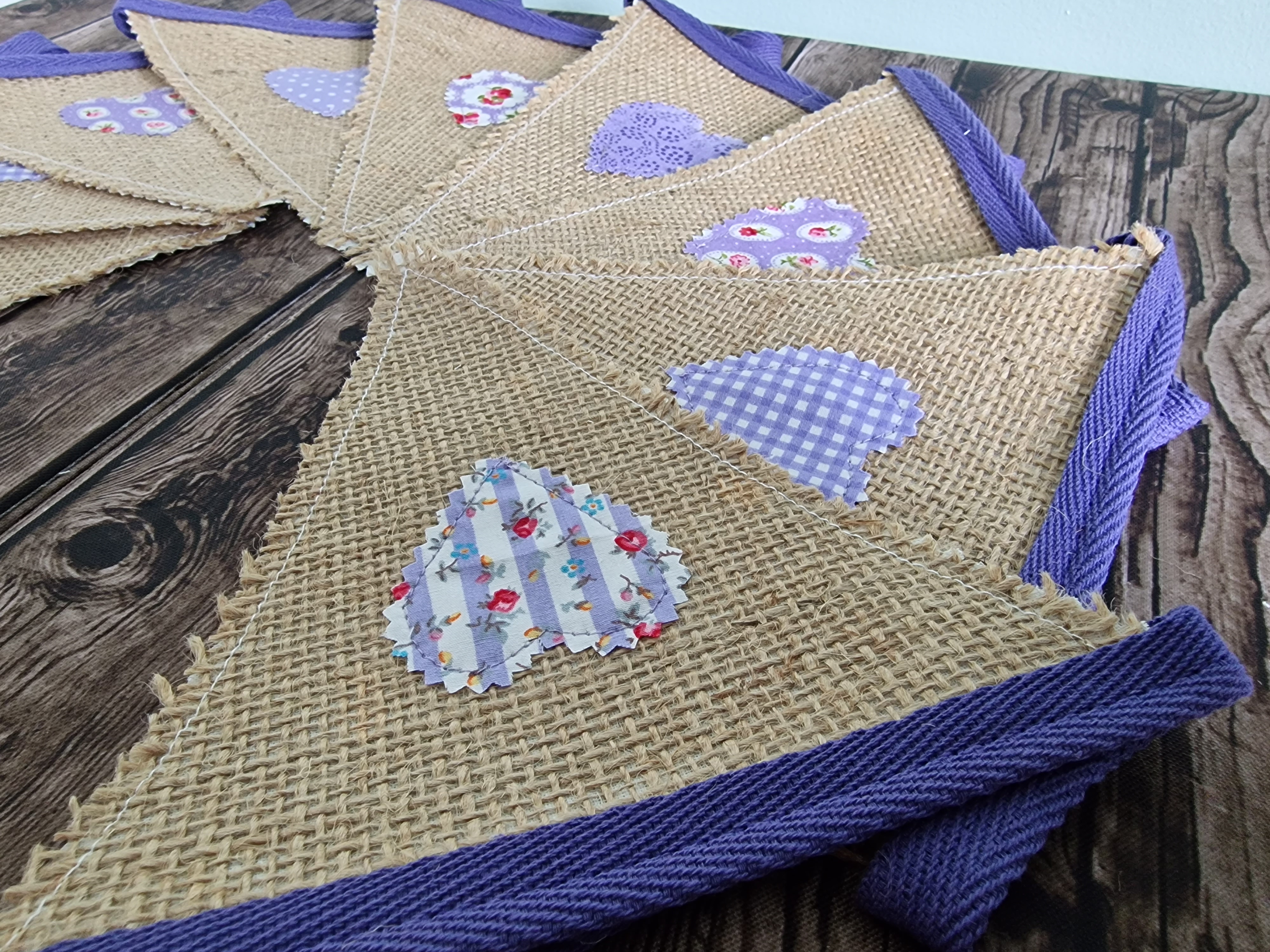 Hessian Hearts Fabric Bunting - Purple Floral rustic Bunting