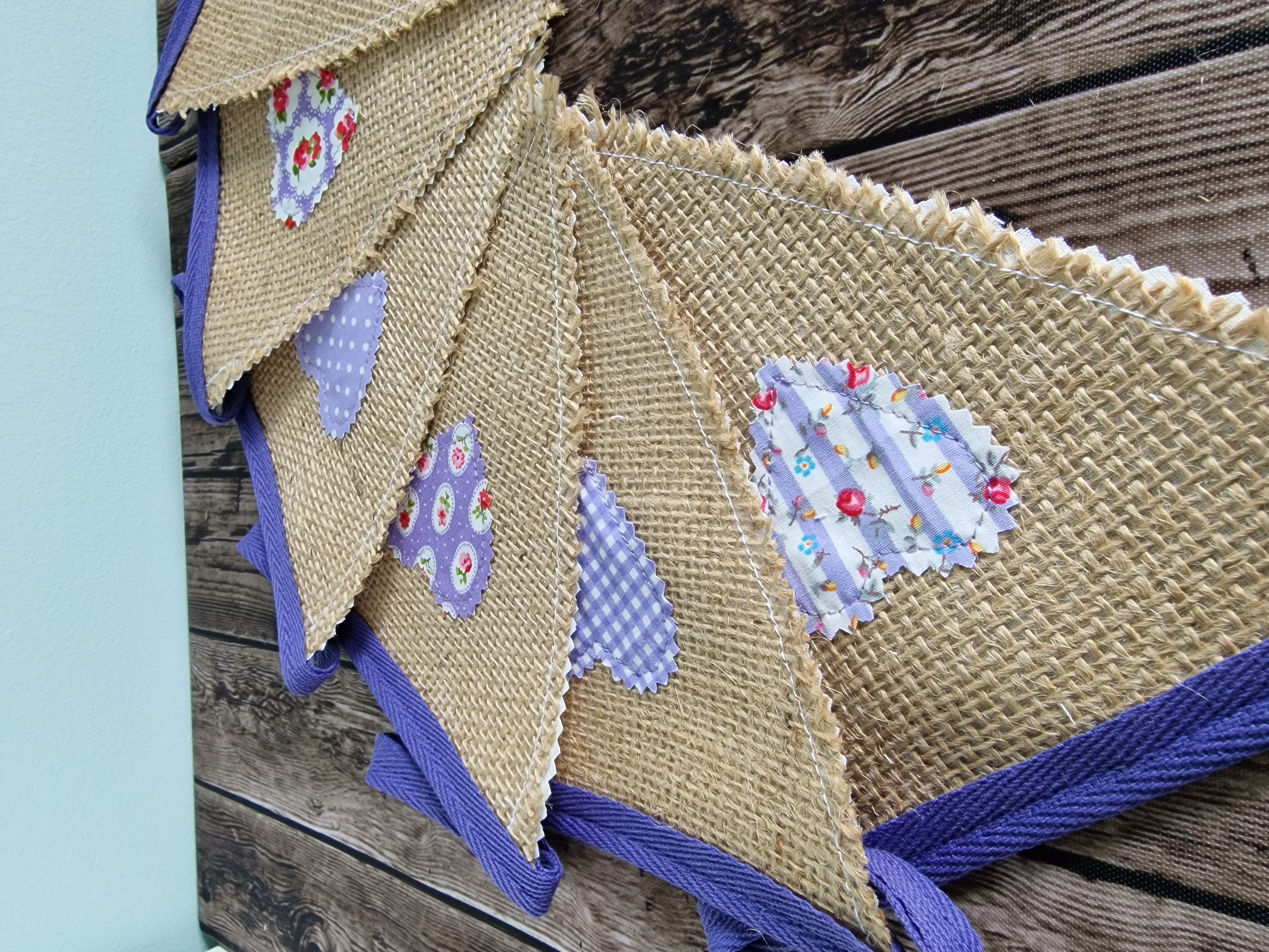 Hessian Hearts Fabric Bunting - Purple Floral rustic Bunting