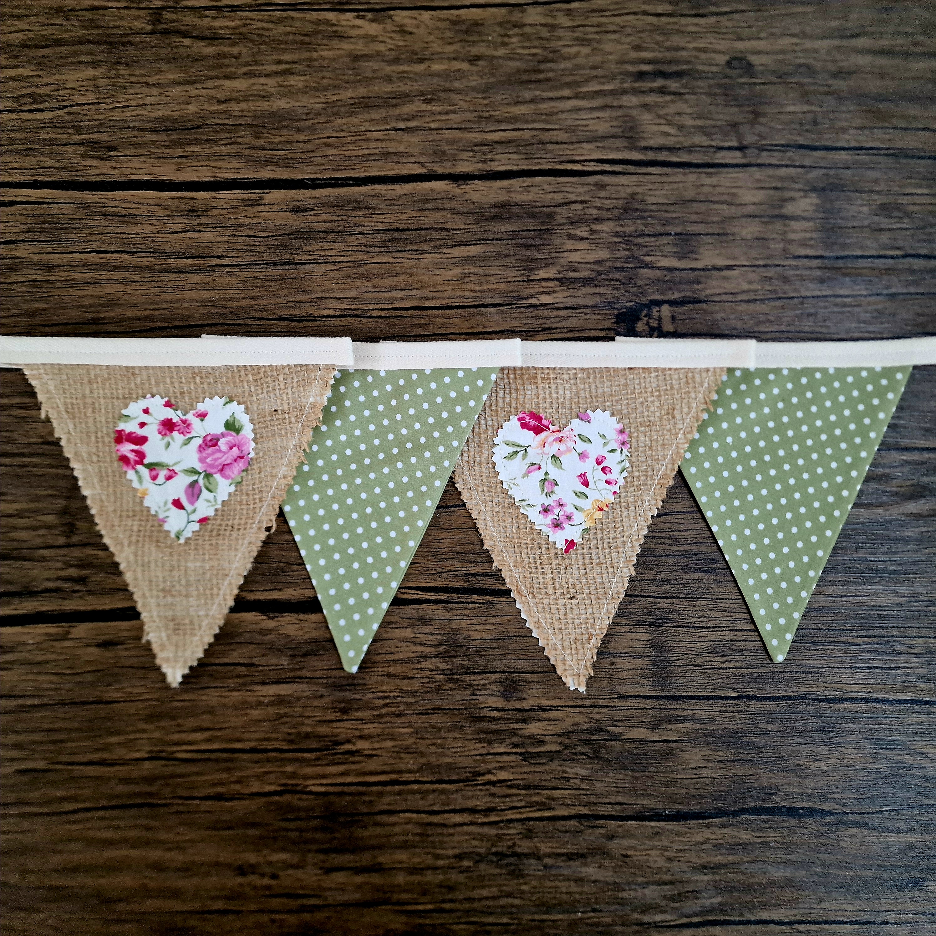 Hessian Hearts & Moss Green Spot Fabric Bunting 