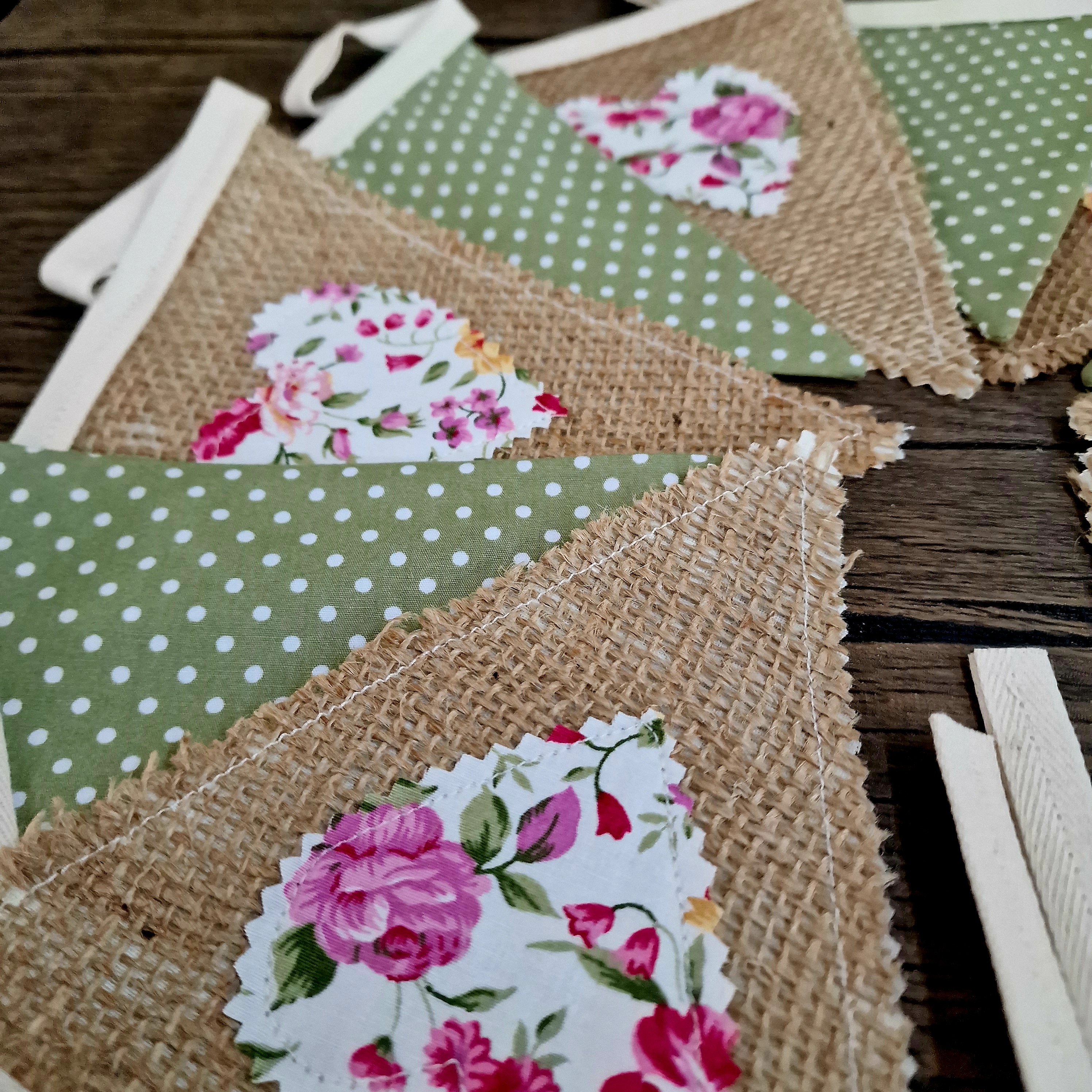 Hessian Hearts & Moss Green Spot Fabric Bunting 