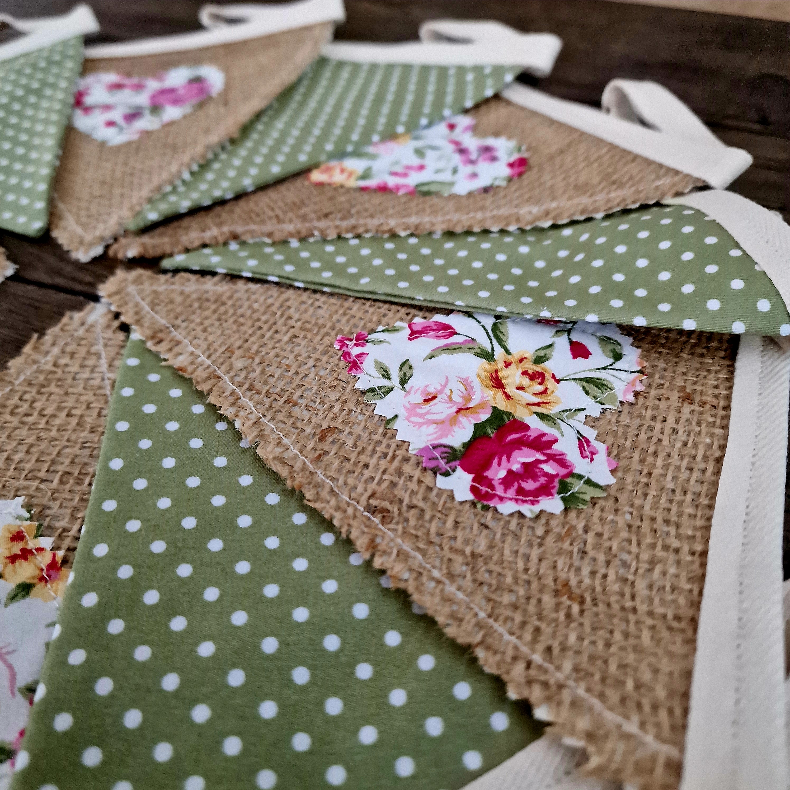 Hessian Hearts & Moss Green Spot Fabric Bunting 