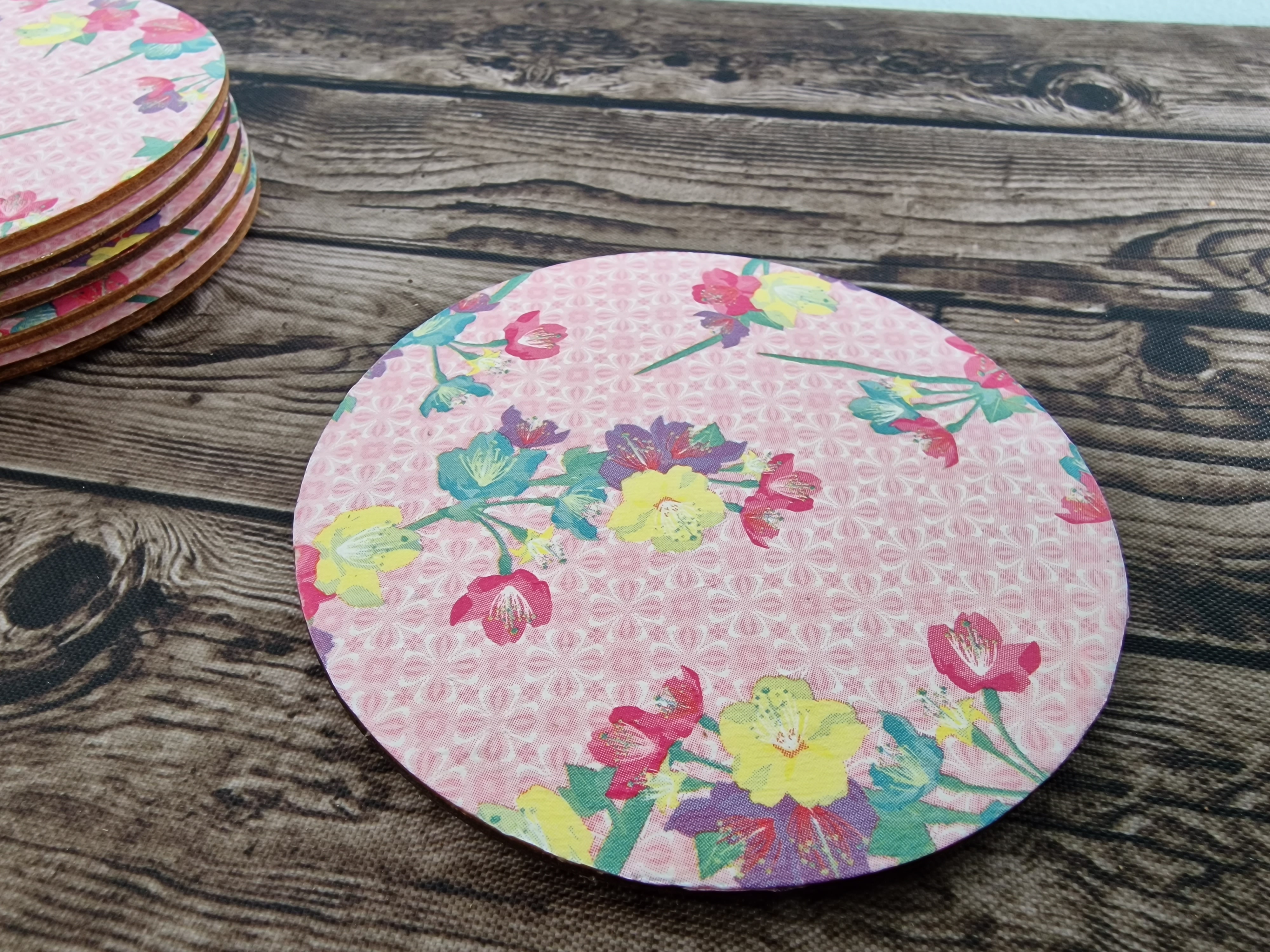 Pink Floral Handmade Decoupage Coasters (Set of 6)