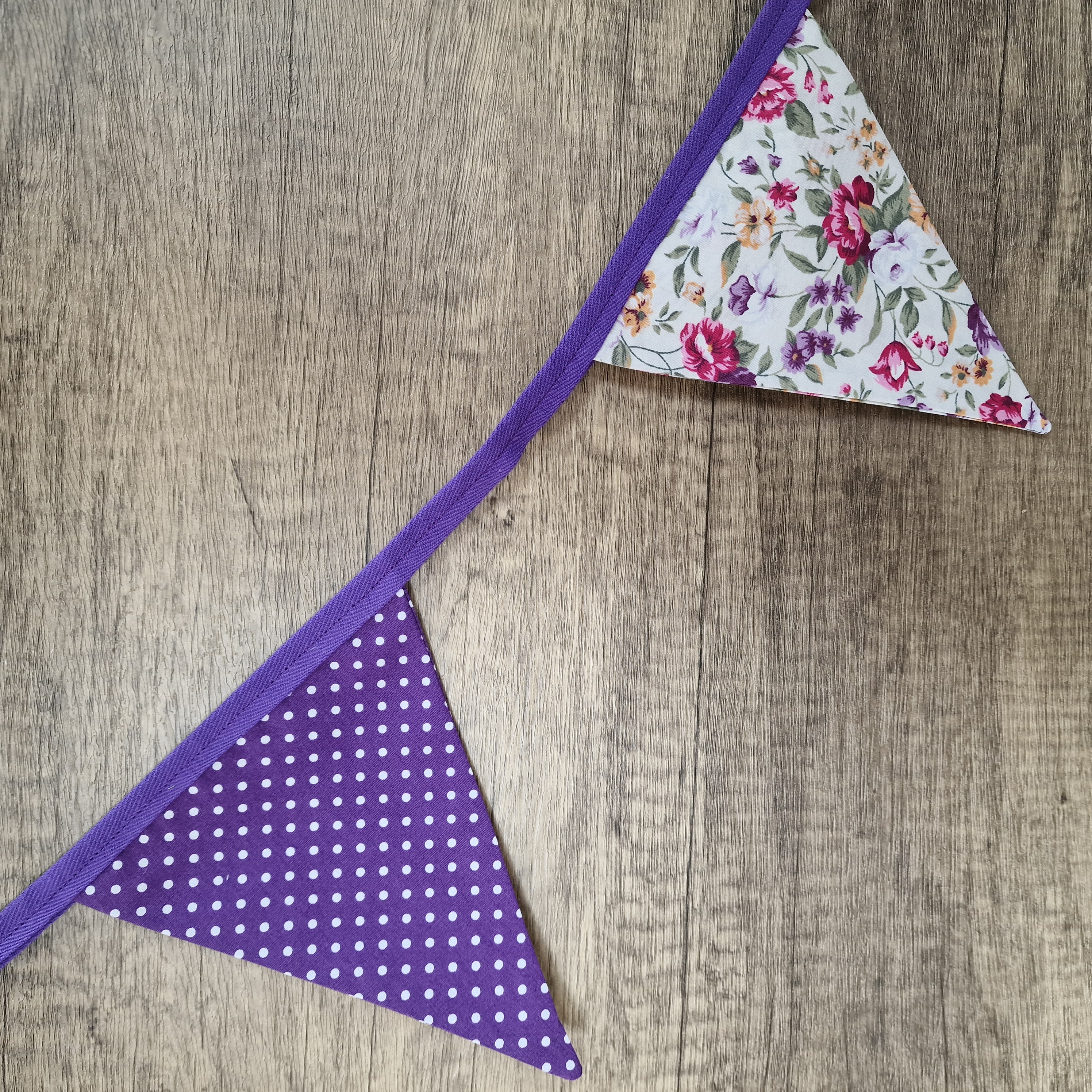 Vintage Style Wild Purple flowers & Purple Spotted Fabric Bunting 