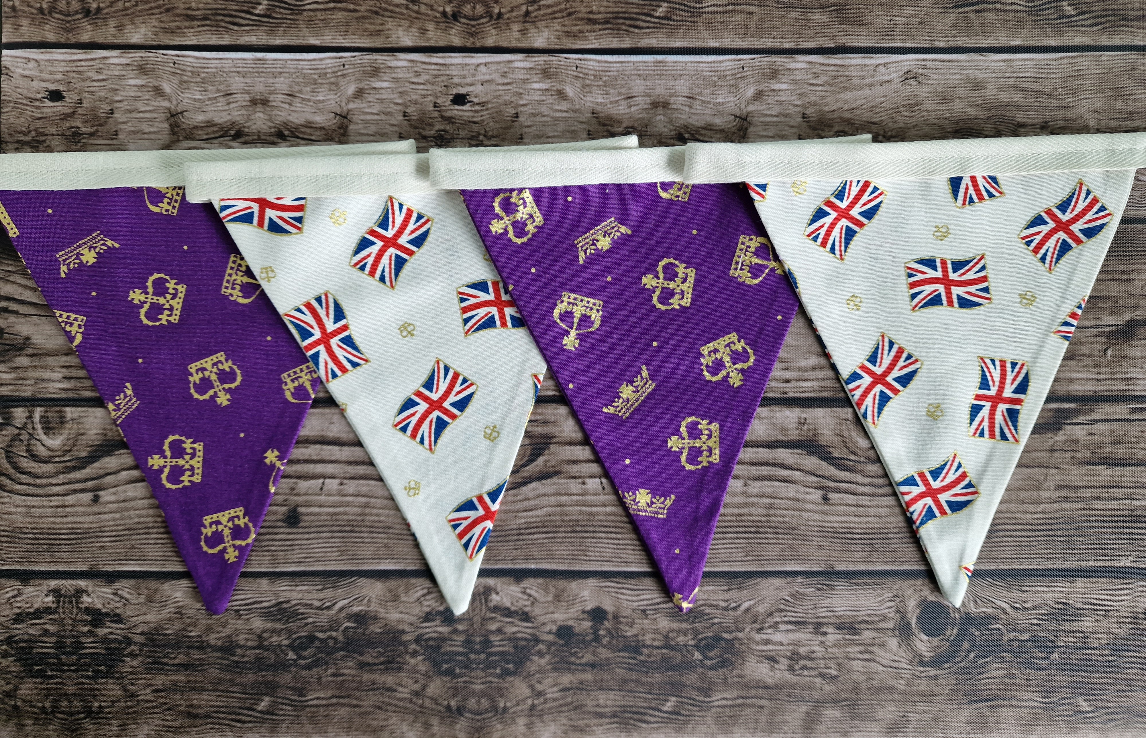 Union Jack Double Sided Handmade Bunting - Purple crowns/Cream Union Jacks 