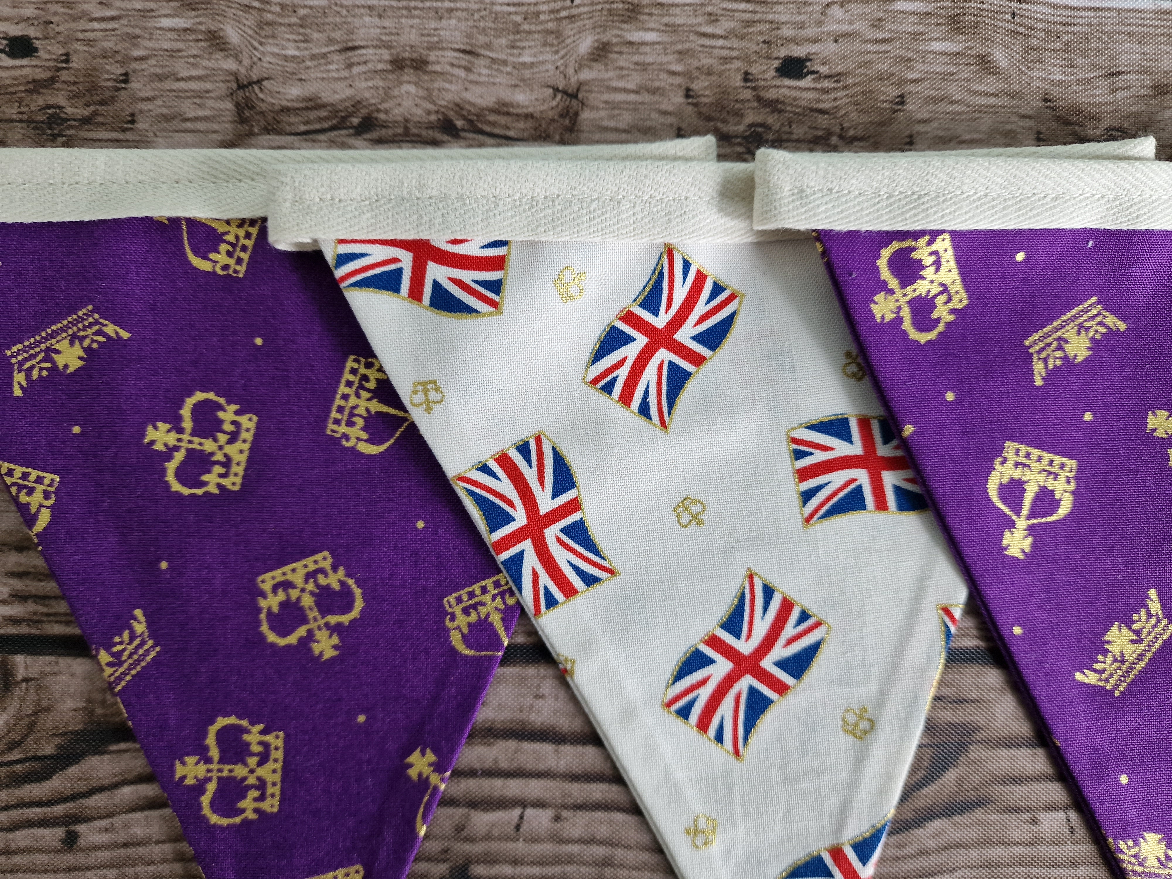 Union Jack Double Sided Handmade Bunting - Purple crowns/Cream Union Jacks 