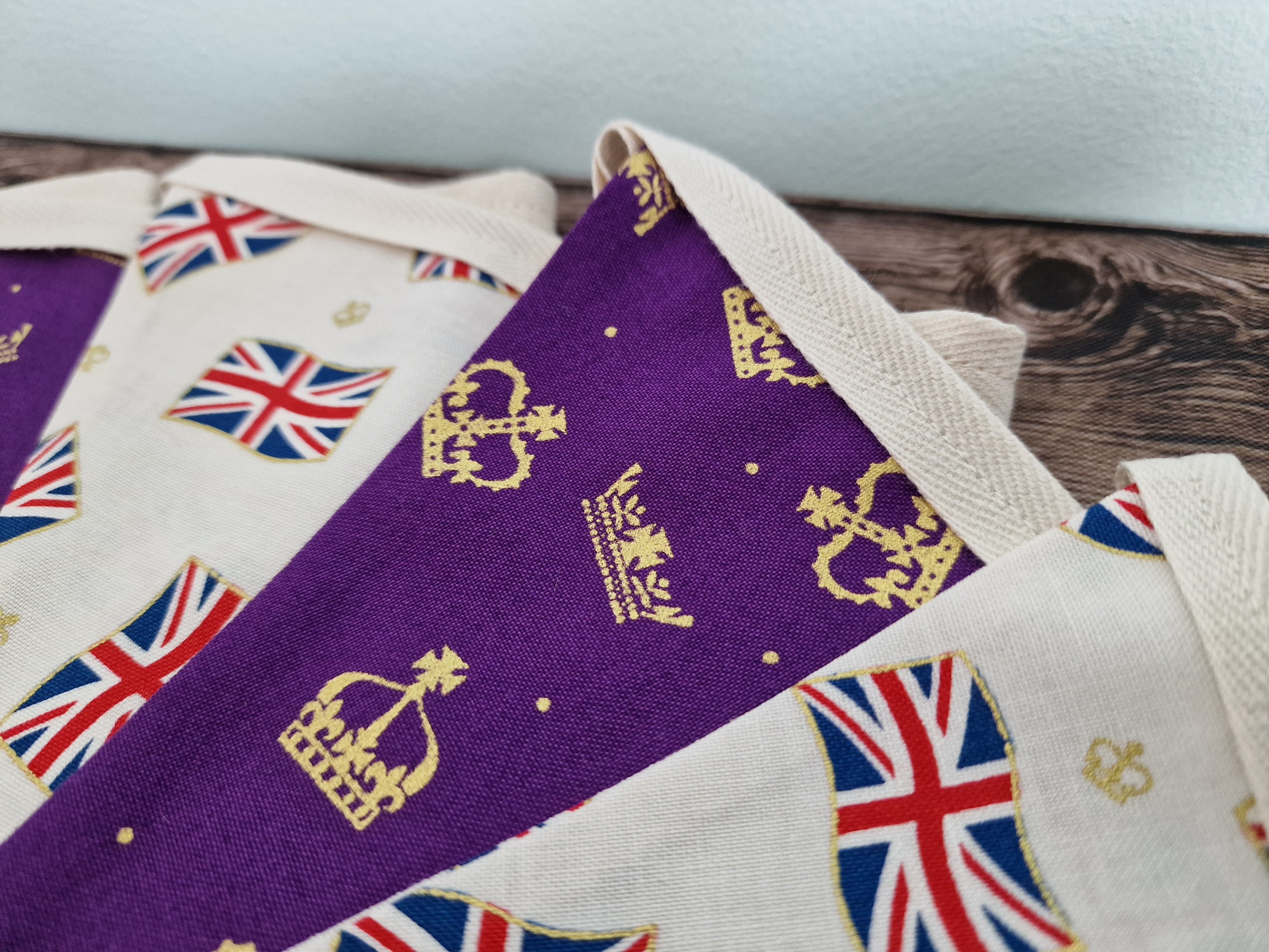 Union Jack Double Sided Handmade Bunting - Purple crowns/Cream Union Jacks 