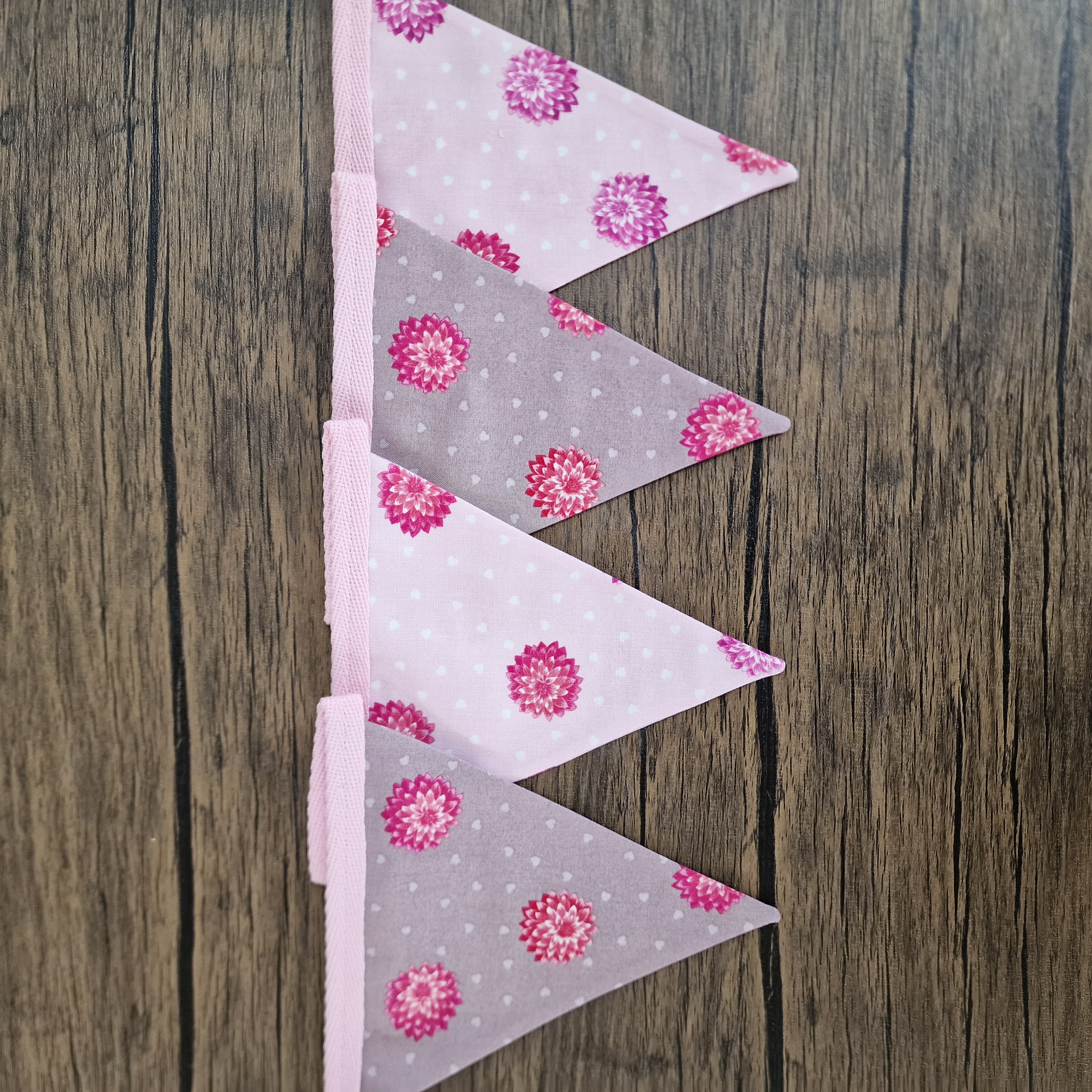 Brown & Pink Floral Fabric Bunting - Dahlia print