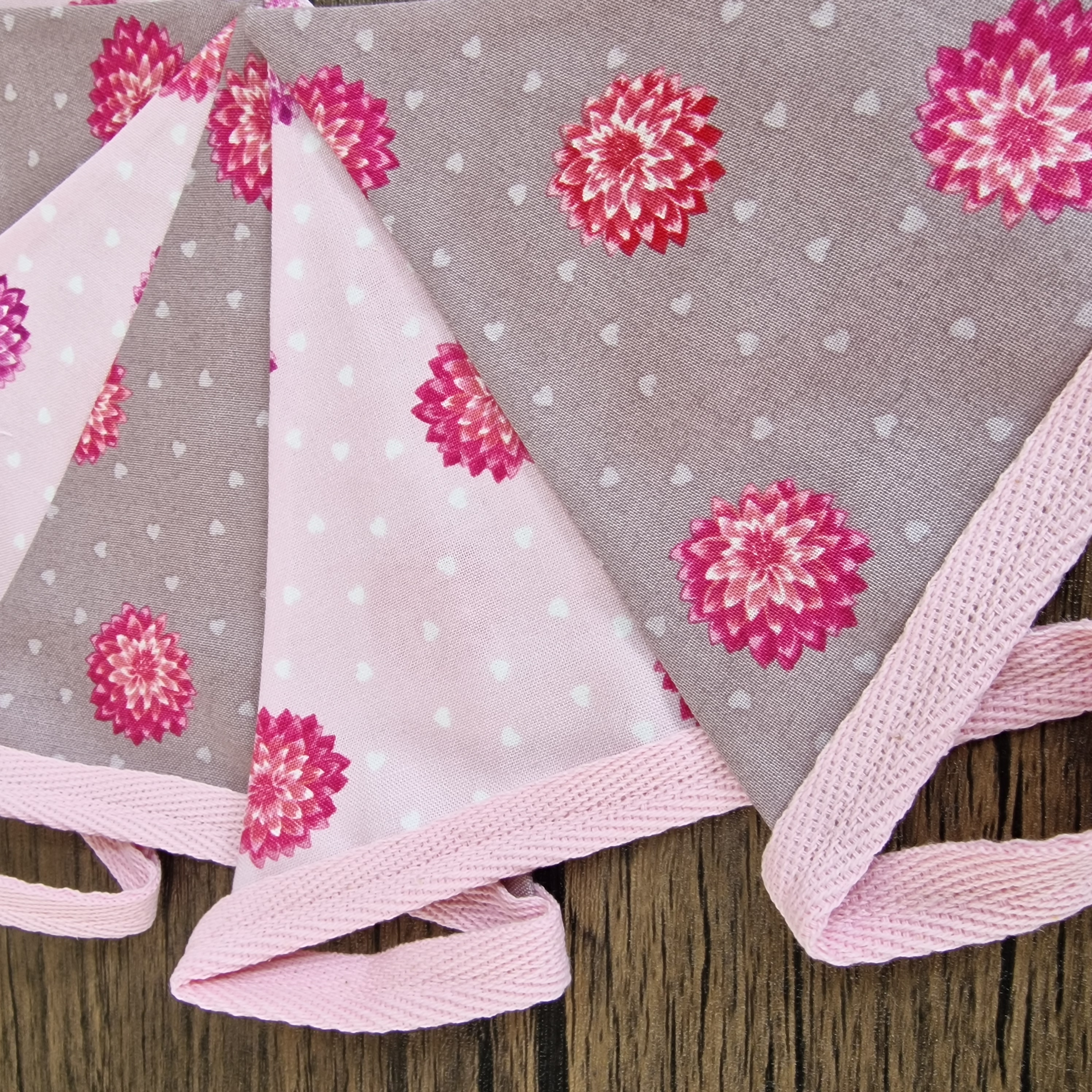 Brown & Pink Floral Fabric Bunting - Dahlia print