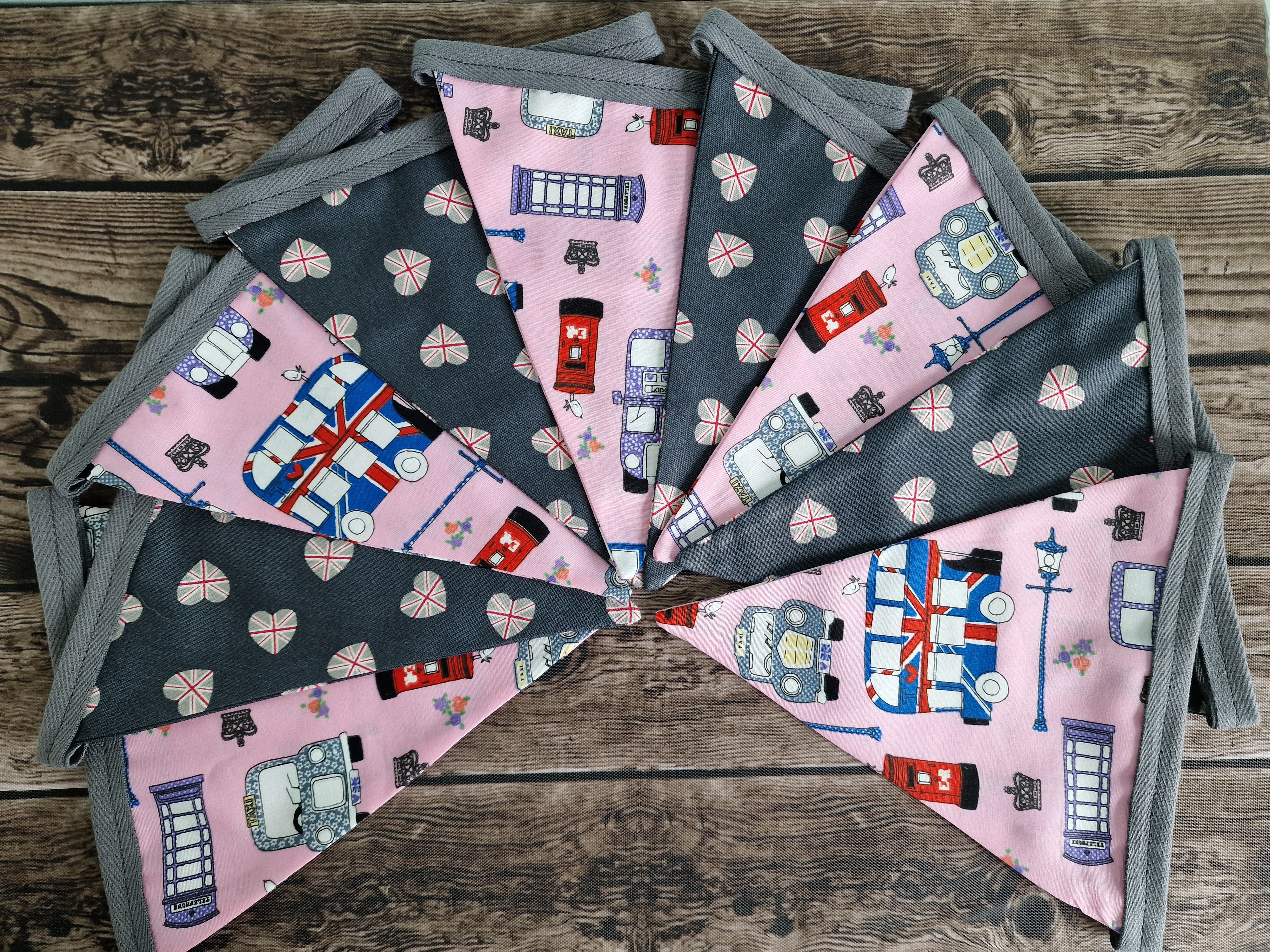 London Themed Print Fabric Bunting | pink & grey