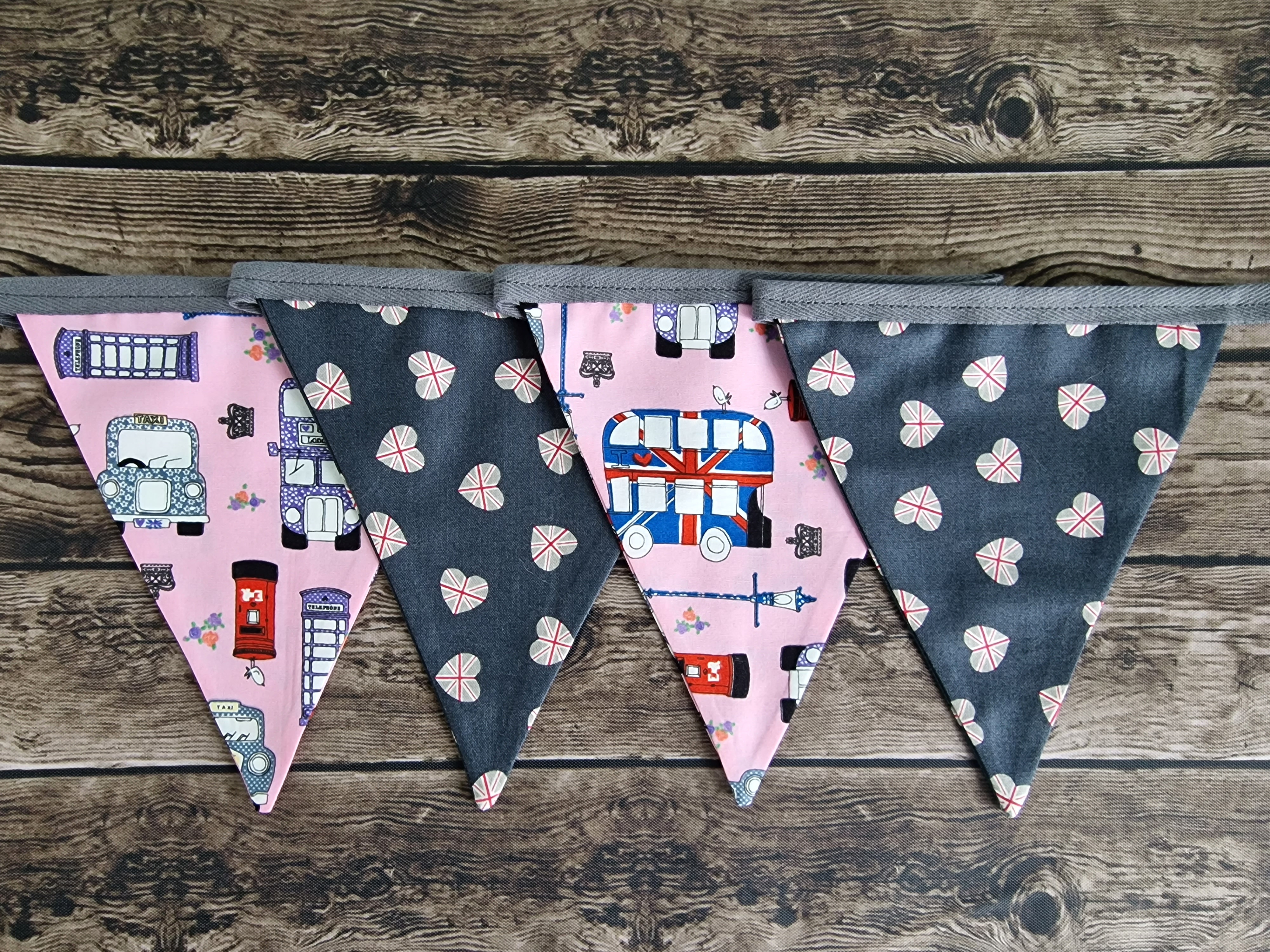 London Themed Print Fabric Bunting | pink & grey