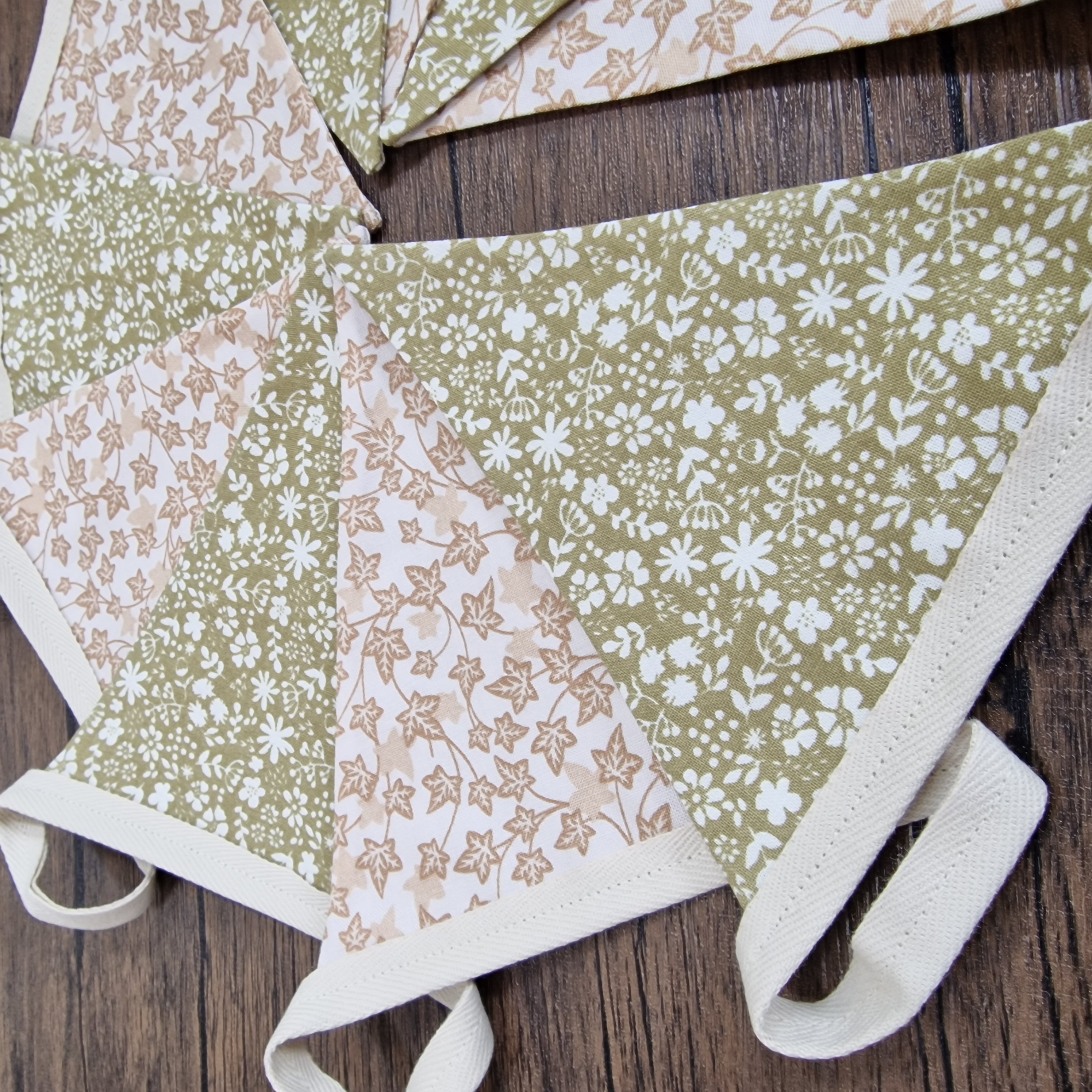 Vintage Style Pale Green & Cream floral Double Sided Fabric Bunting 