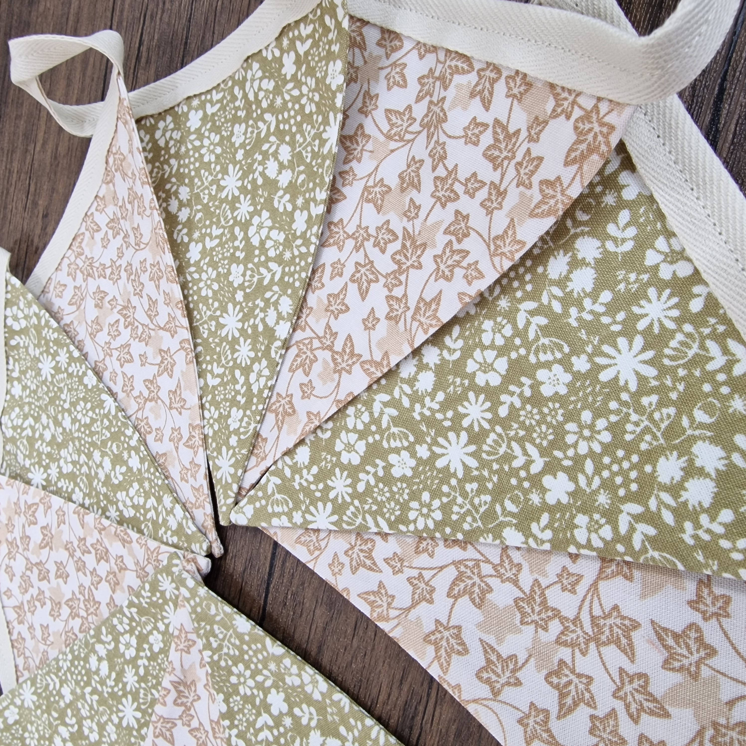 Vintage Style Pale Green & Cream floral Double Sided Fabric Bunting 