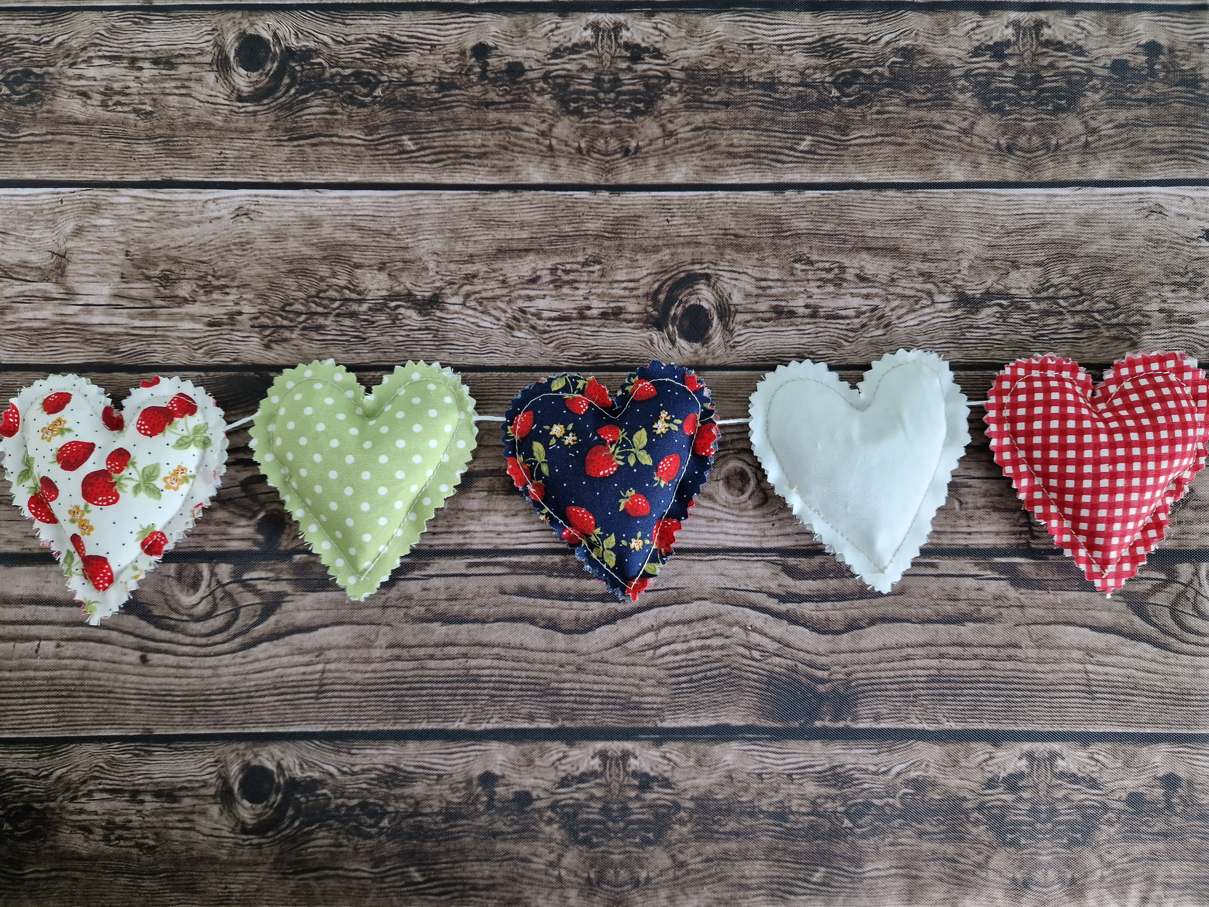 Strawberry themed Garland - Red Blue Green & White hearts 