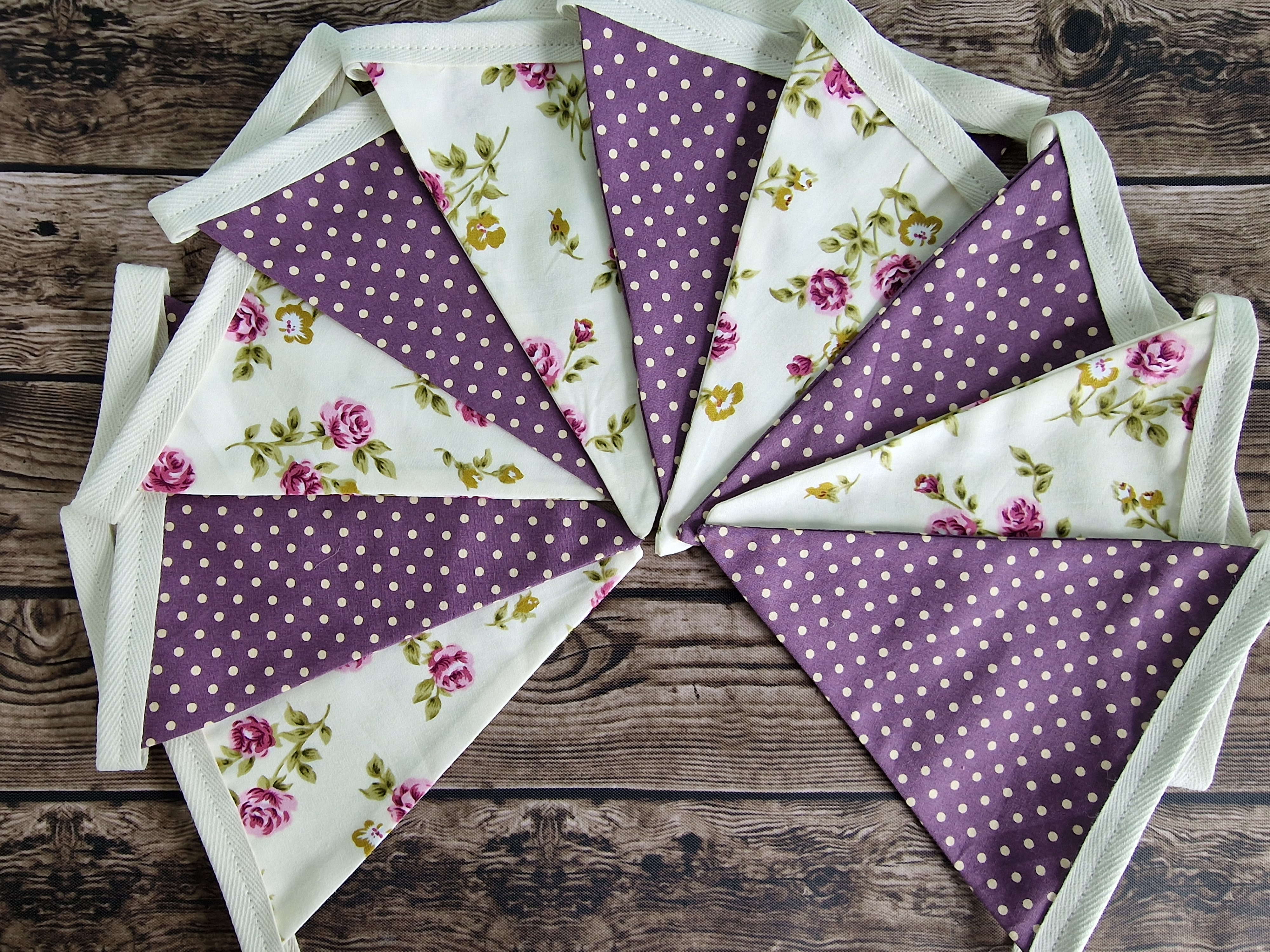 Vintage Style Purple Floral & Spotted Fabric Bunting 
