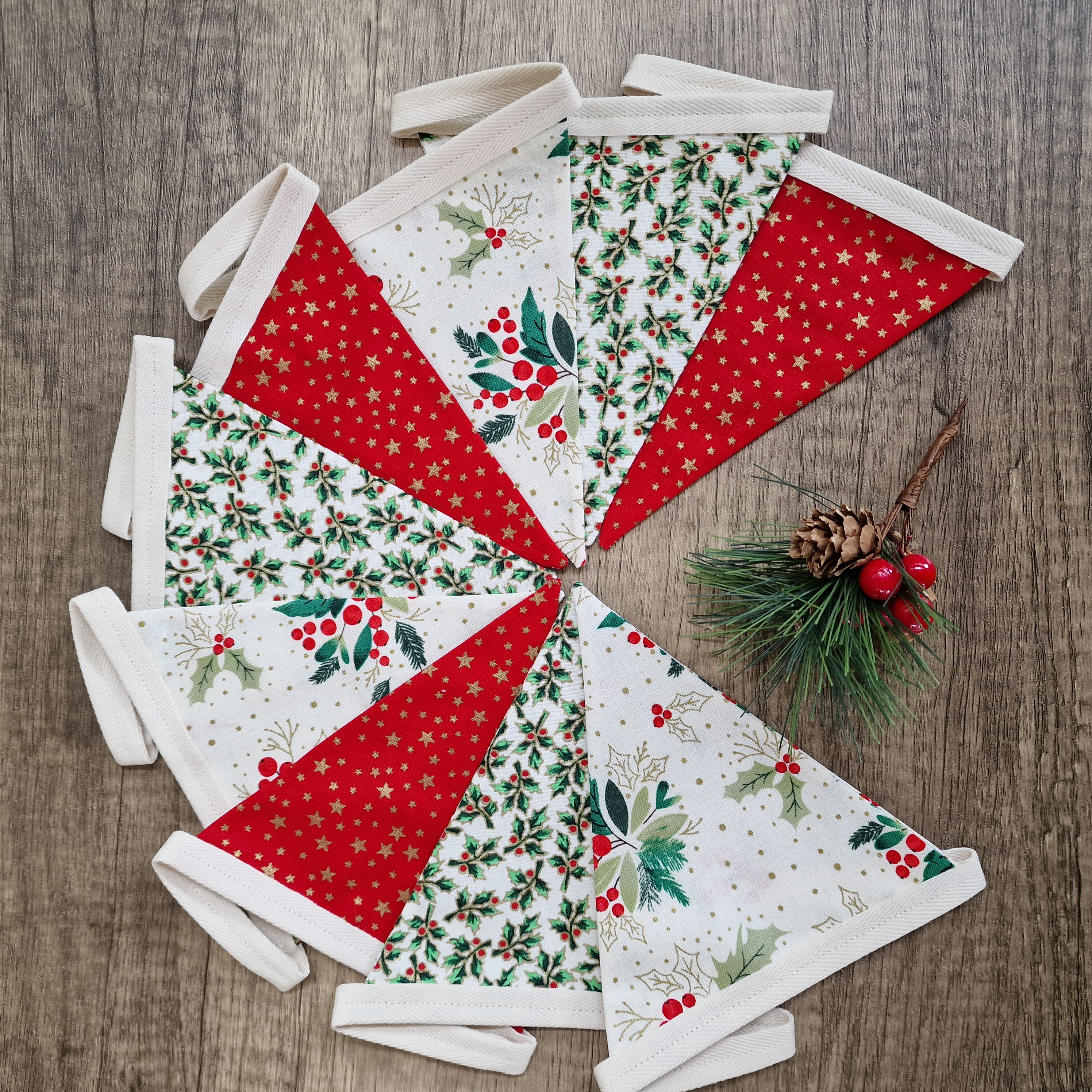 Christmas Bunting - Red Ivory Gold Holly design